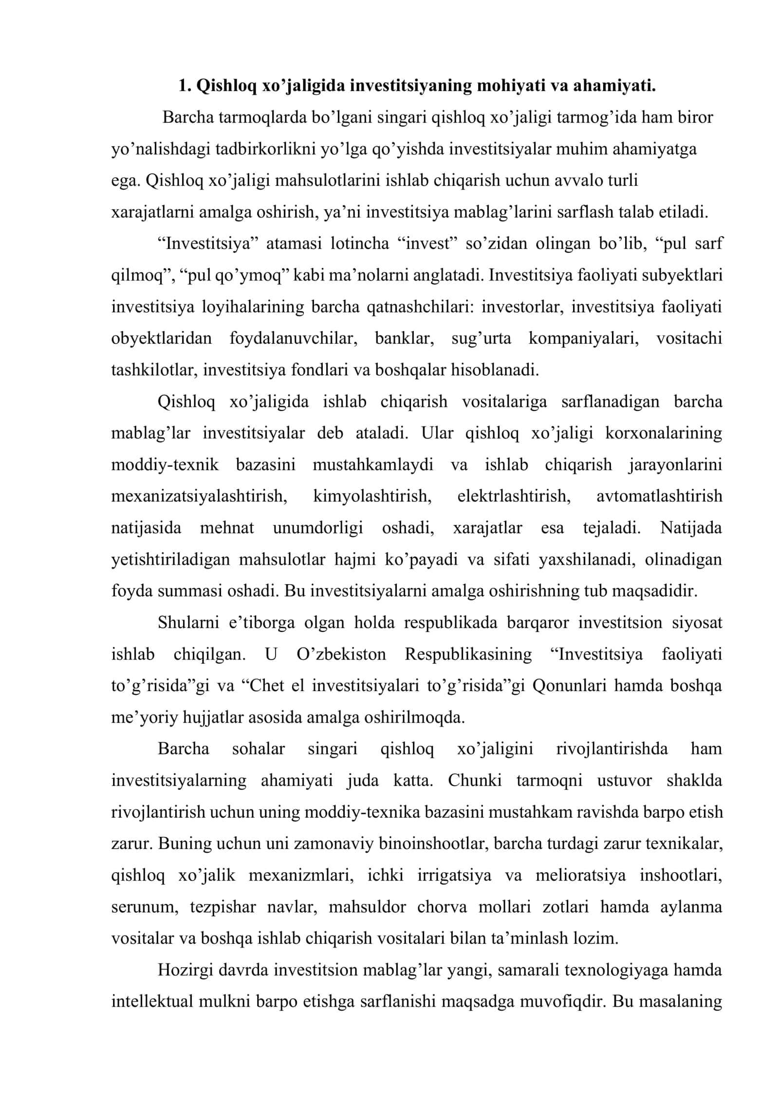 Qishloq xo’jaligida investitsiyalar va ulardan foydalanish samaradorligi 2