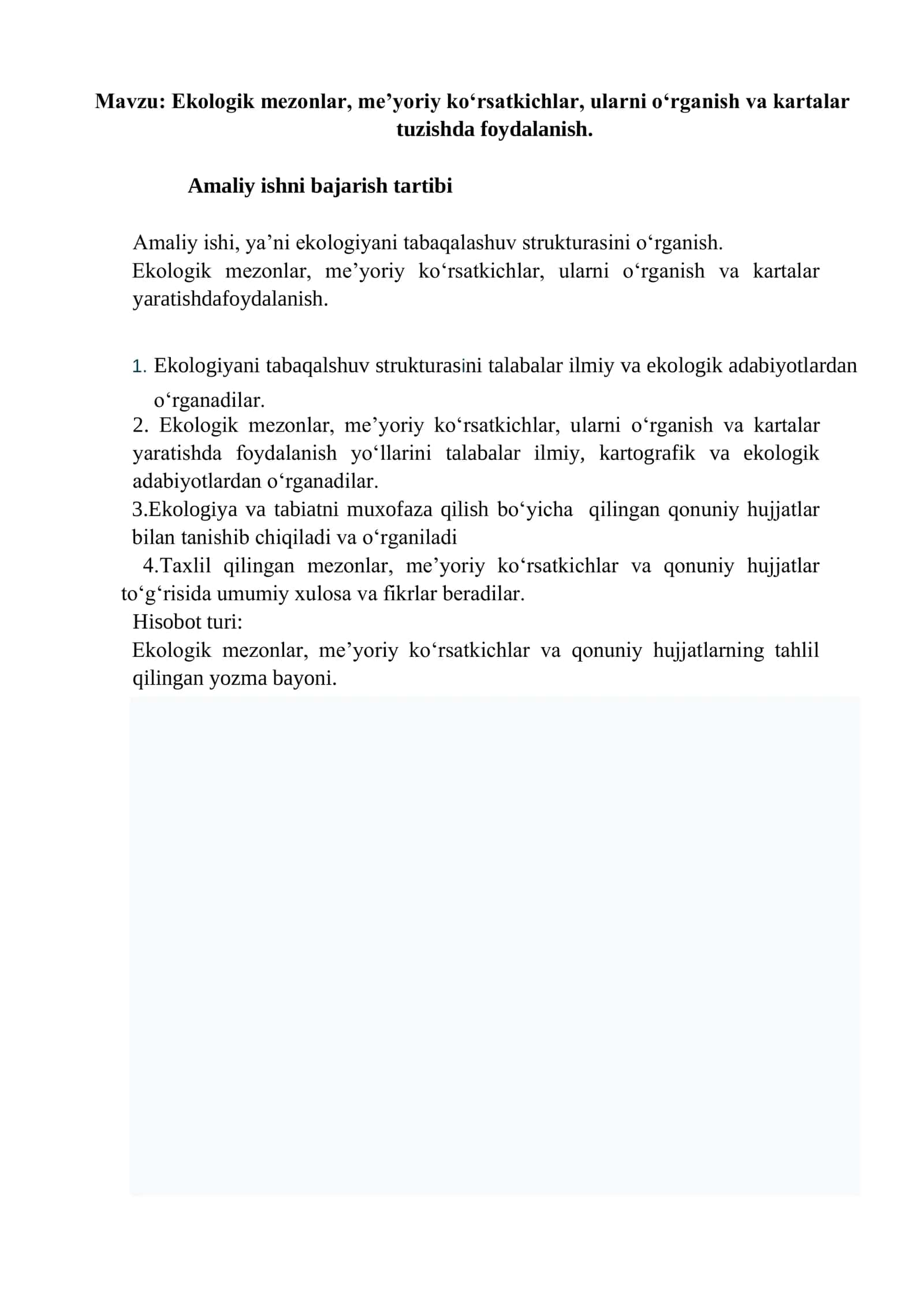 Ekologik mezonlar, meʼyoriy koʻrsatkichlar, ularni oʻrganish va kartalar tuzishda foydalanish. 2
