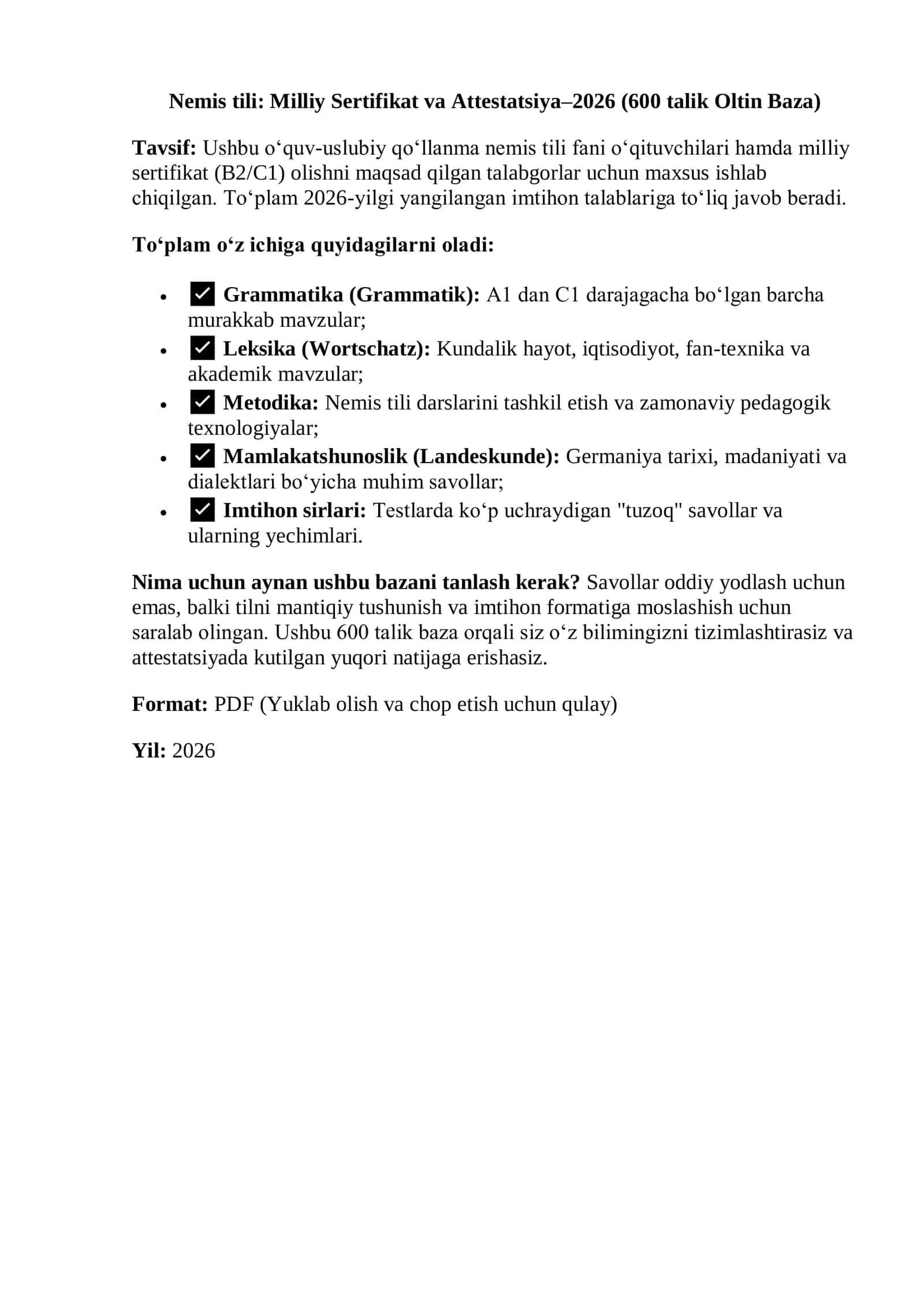Nemis tili: Milliy Sertifikat va Attestatsiya–2026 Test (600 talik Oltin Baza) 2