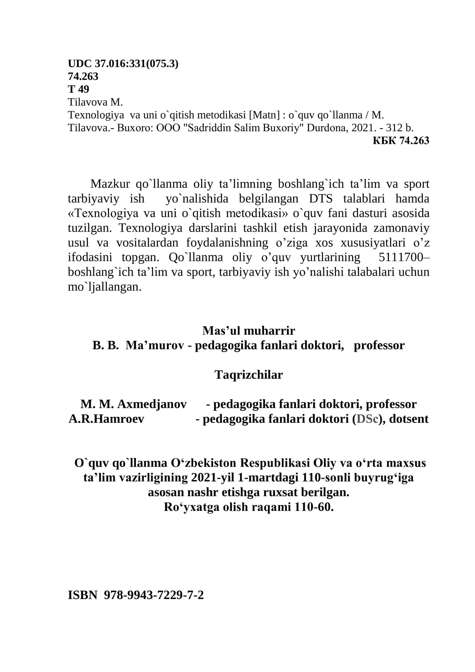 Texnologiya va uni o`qitish metodikasi 2