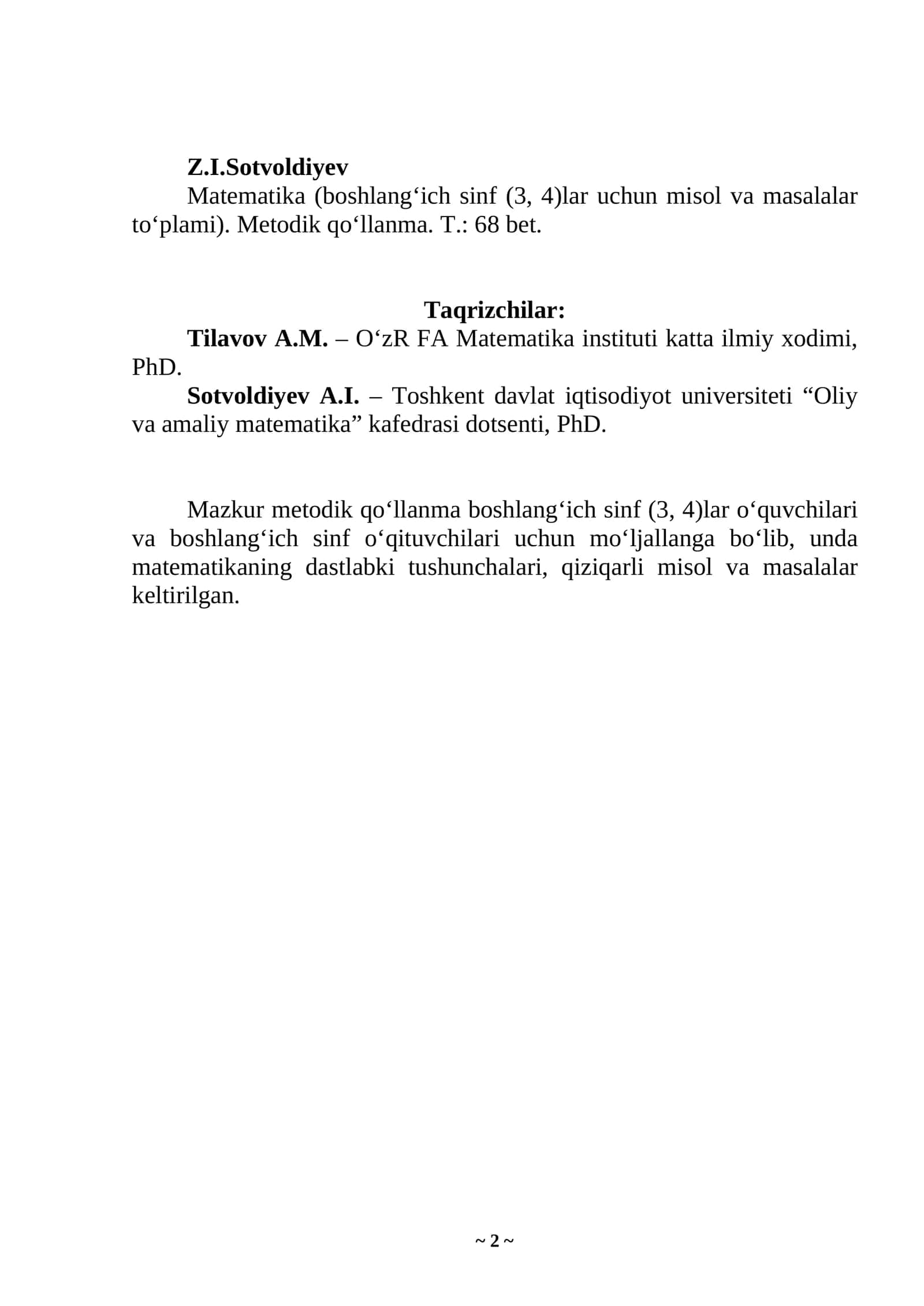 Matematika boshlang‘ich sinf (3, 4)lar uchun misol va masalalar to‘plami 2