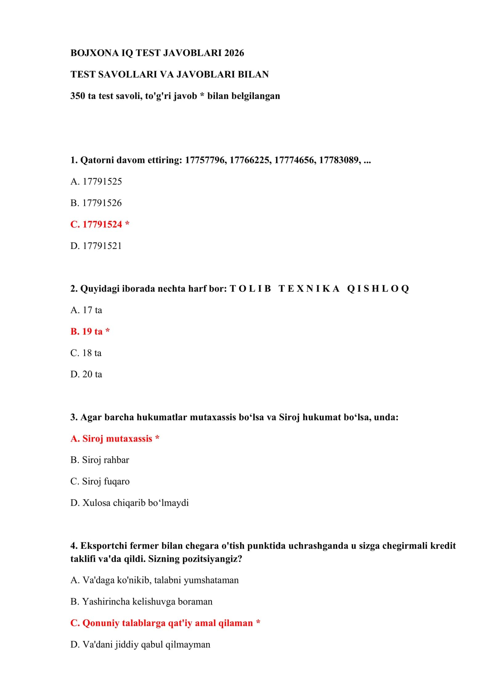 BOJXONA IQ TEST JAVOBLARI 2026 2