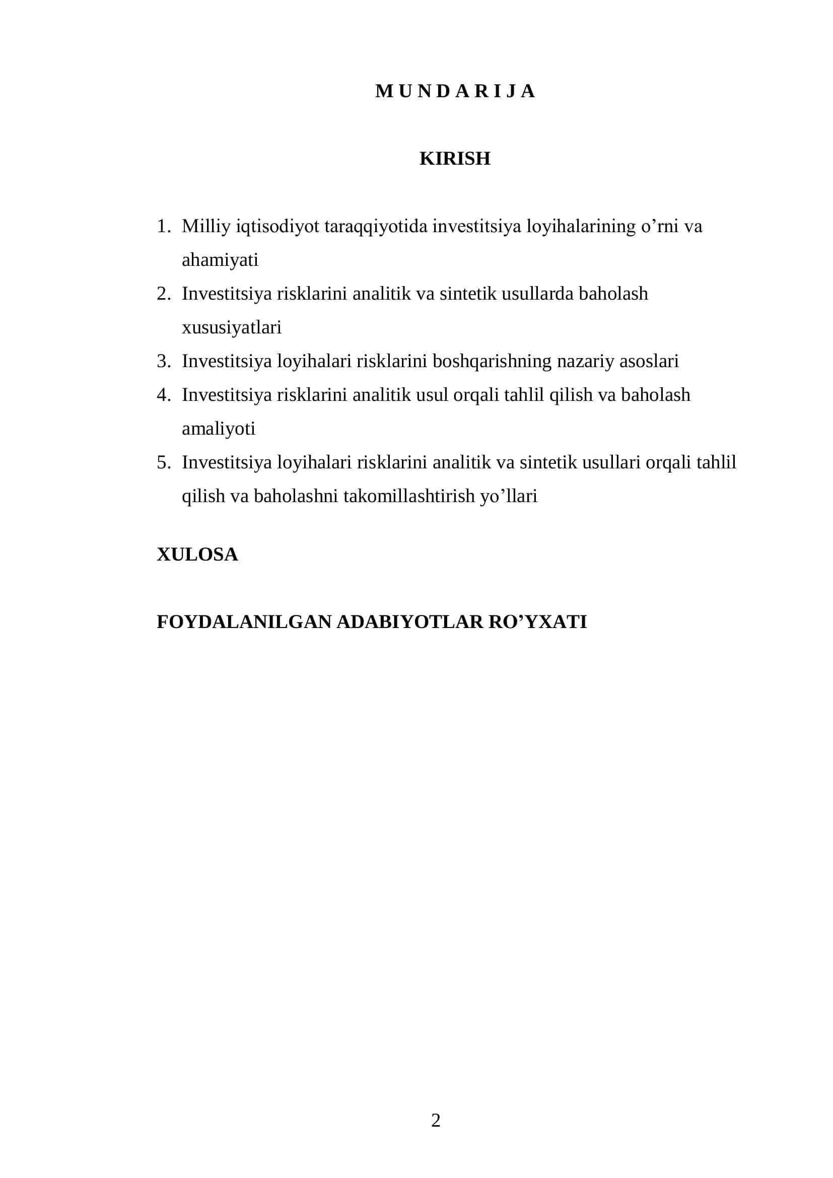 Investitsiya loyihalari risklarini boshqarish va baholash 2