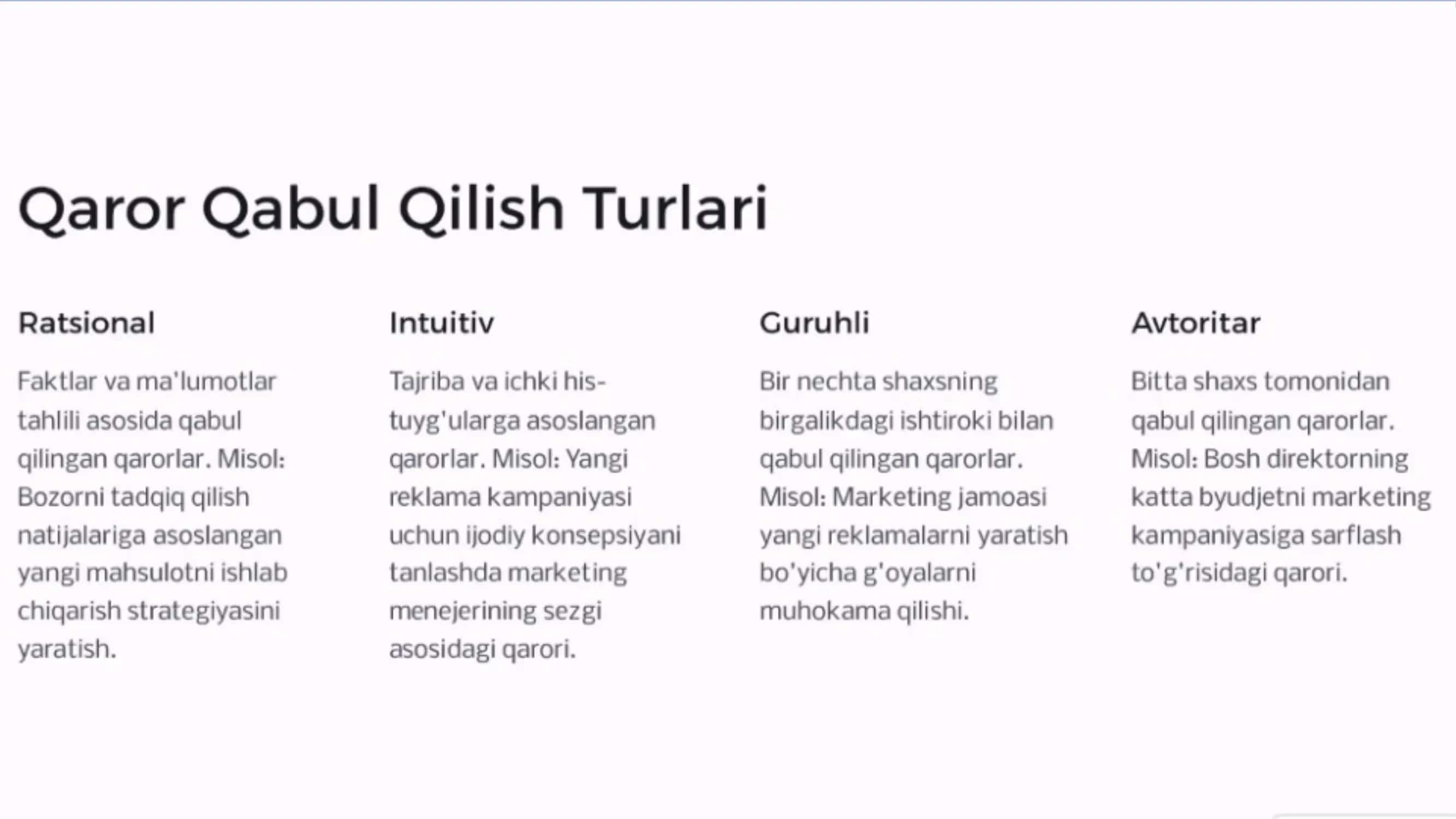 QAROR QABUL QILISH: TURLARI VA MARKETINGDAGI AHAMIYATI 2