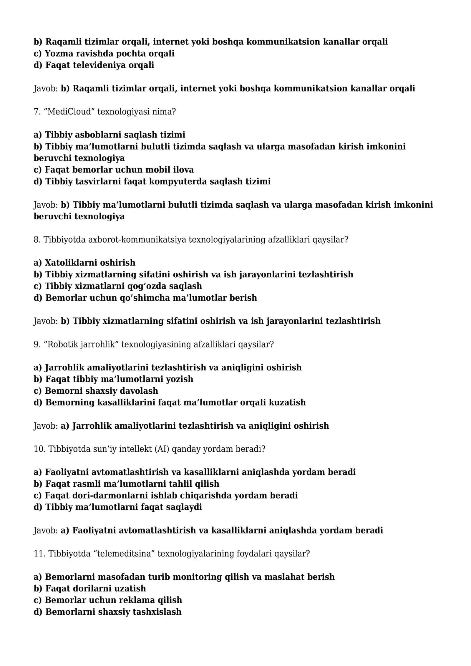 Tibbiyot masalalarini yechishda axborot-kommunikatsiya texnologiyalari 15 ta test savoli va javoblari 2