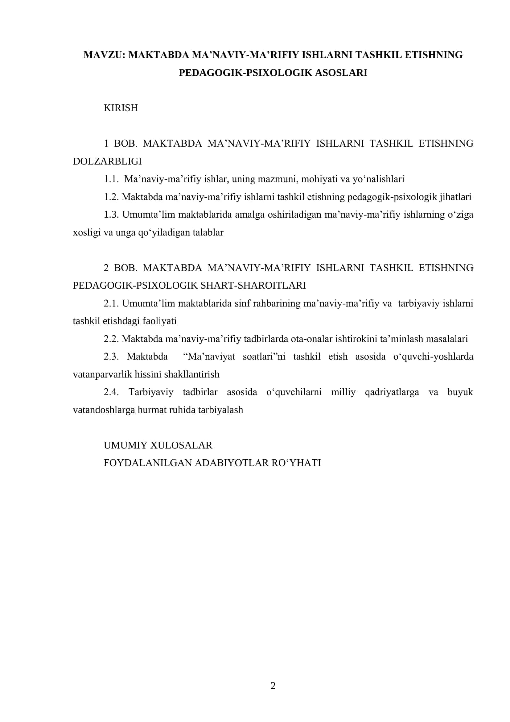 MAKTABDA MA’NAVIY-MA’RIFIY ISHLARNI TASHKIL ETISHNING PEDAGOGIK-PSIXOLOGIK ASOSLARI 2