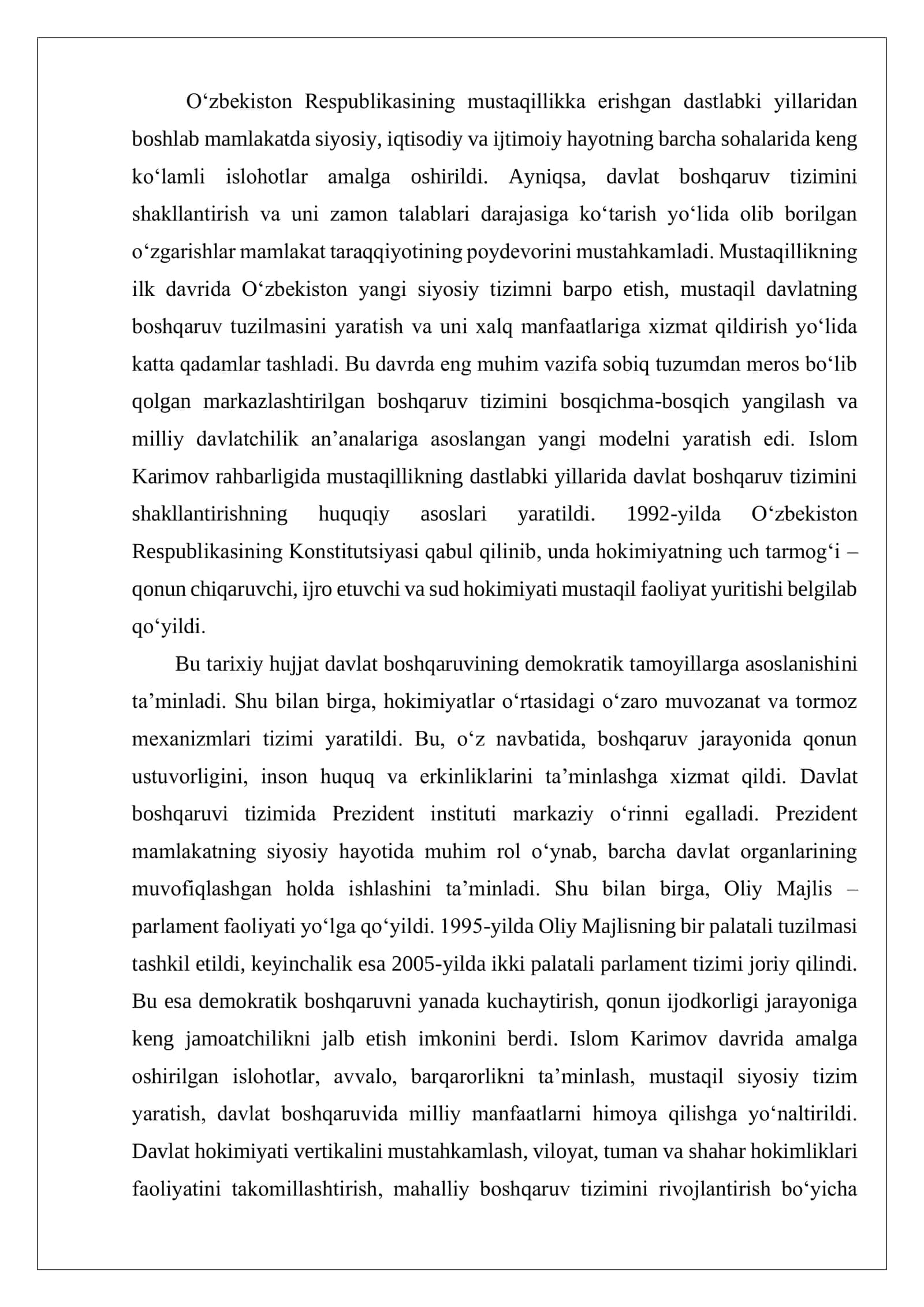 Mustaqillik yillarida davlat boshqaruv tizimida amalga oshirilgan islohatlar 2