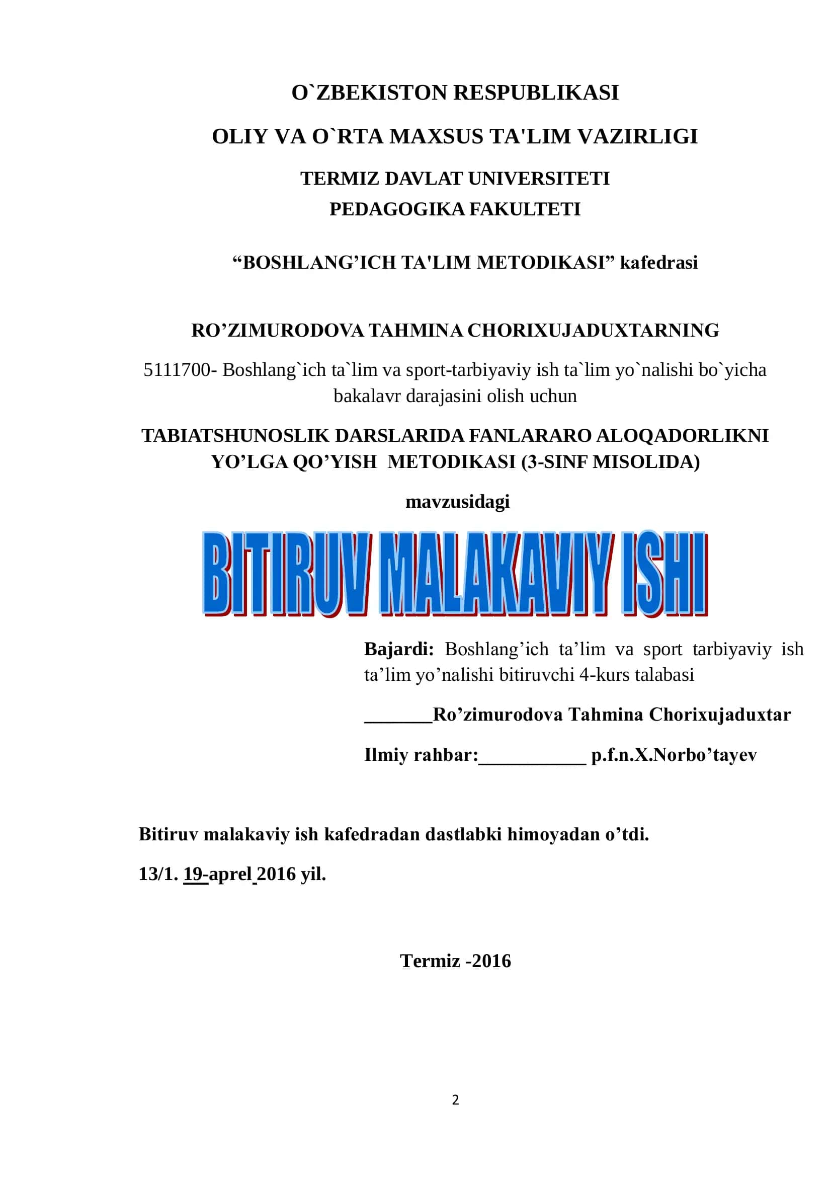 TABIATSHUNOSLIK DARSLARIDA FANLARARO ALOQADORLIKNI YO’LGA QO’YISH METODIKASI (3-SINF MISOLIDA) 2