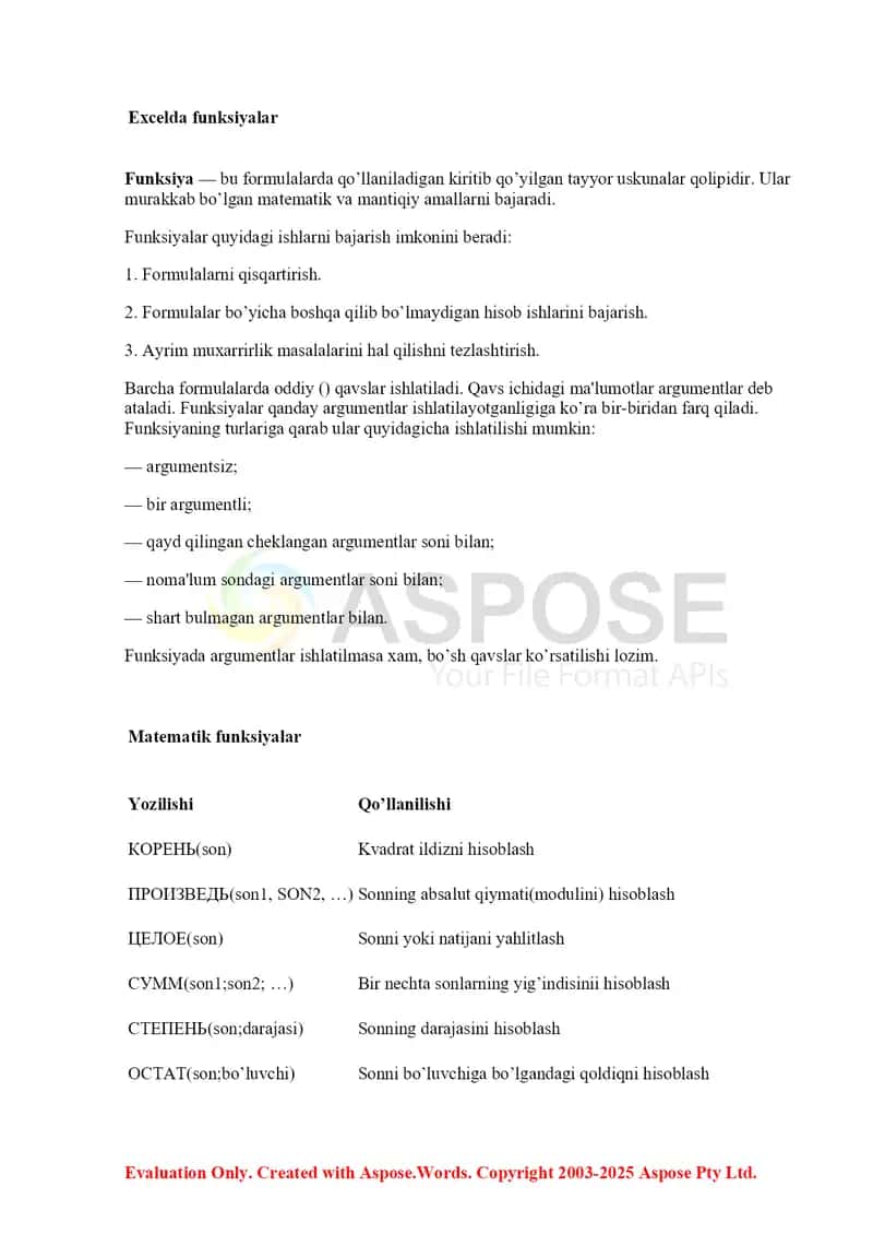 Ms Excel dasturida matematik amallar va funksiyalarni qo’llash 2
