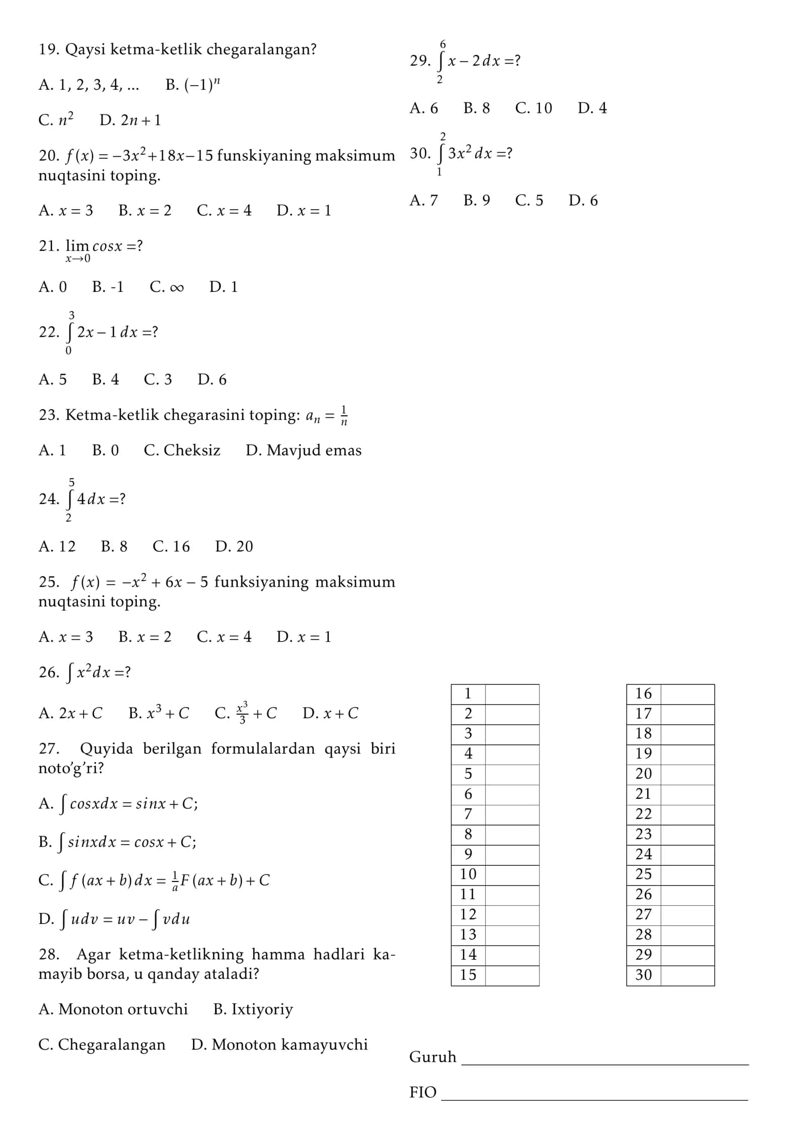 Hisob fanidan test 2