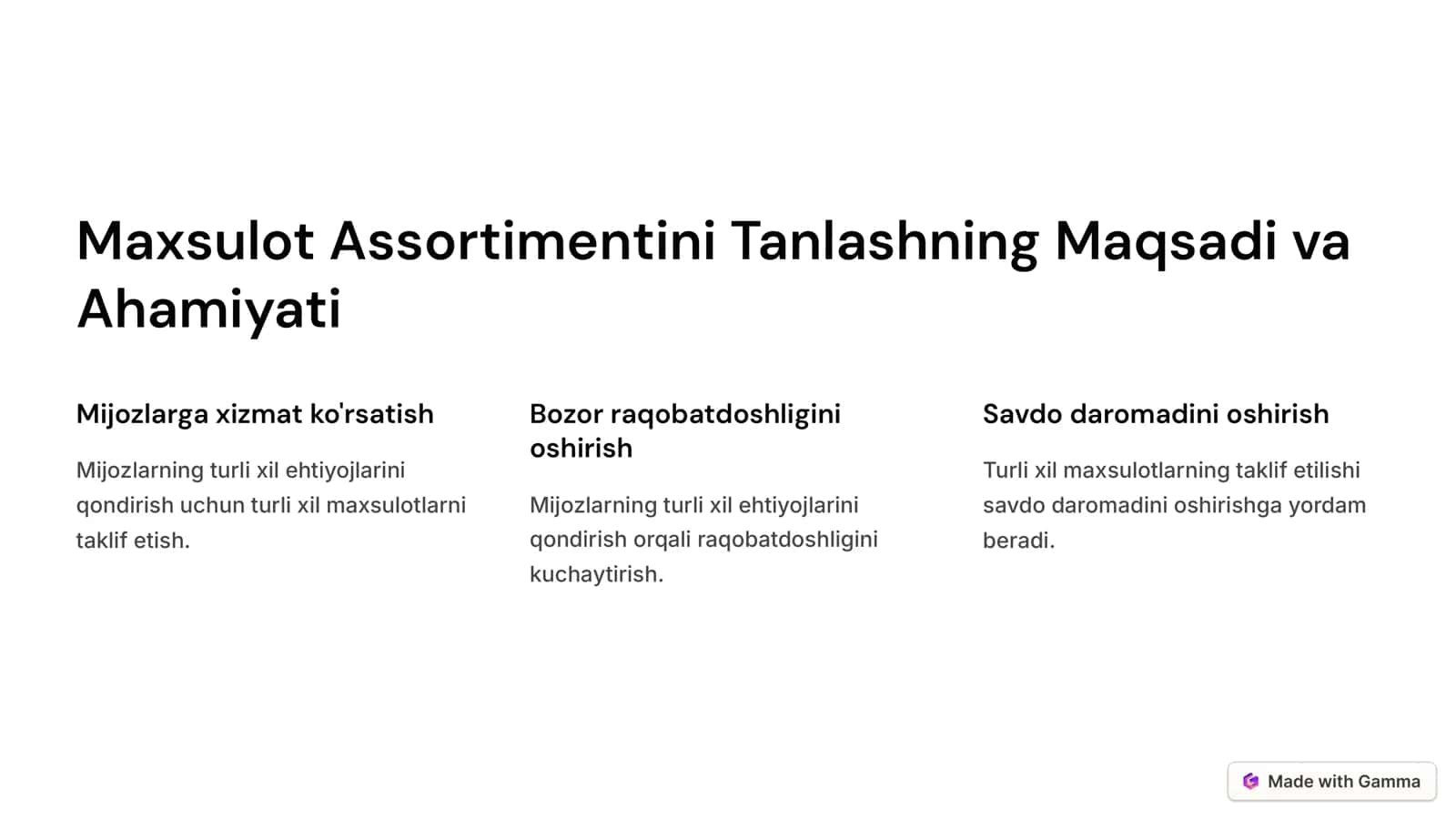 Maxsulot Assortimentini Tanlash va Asoslash 2