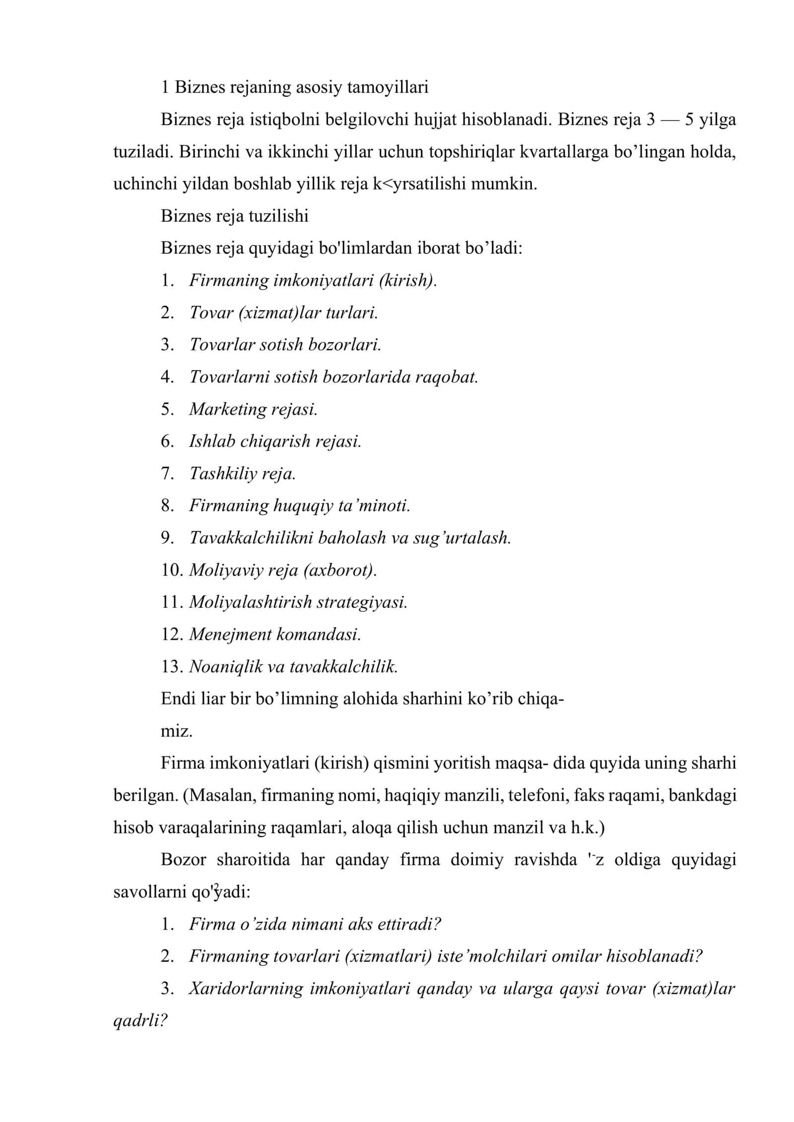 Biznez faoliyatida biznes rejani ishlab chiqish tartibi 2