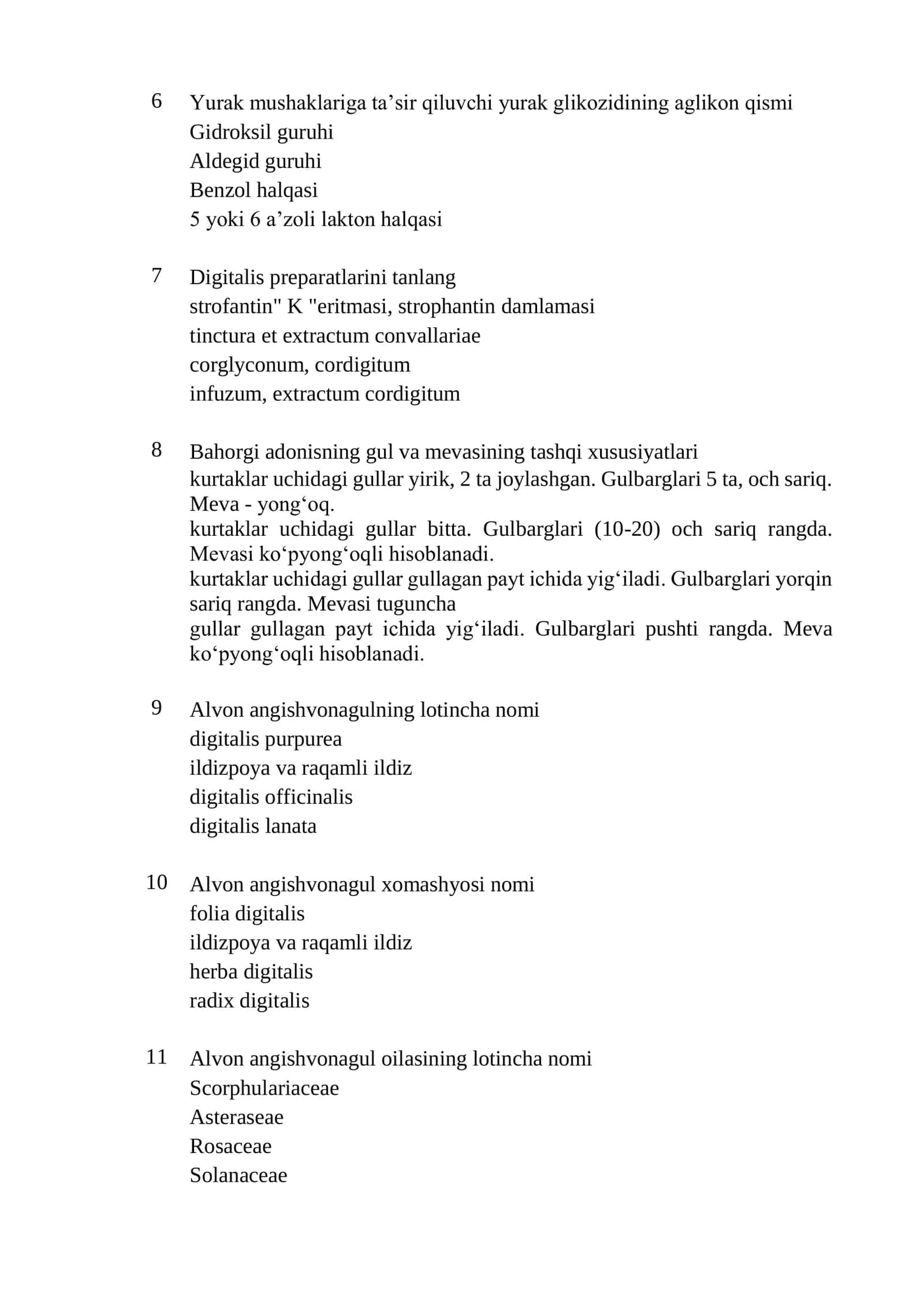 Farmatsiya (Farmatsevt asistenti, dori vositalarini ishlab chiqarish operatori, dori vositalari boʻyicha farmatsevt assistenti, oʻrta tibbiyot farmatsevt xodimlarini boshqa lavozimlari) mutaxassisligi boʻyicha shakllantirilgan test savollari roʻyxati 2