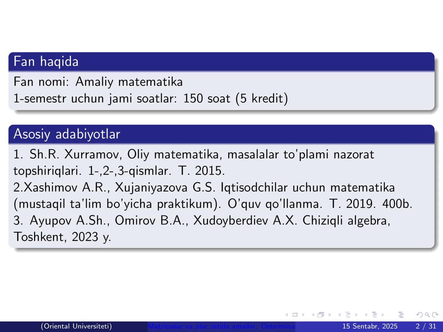 Matritsalar va ular ustida amallar. Determinantlar nazariyasi 2