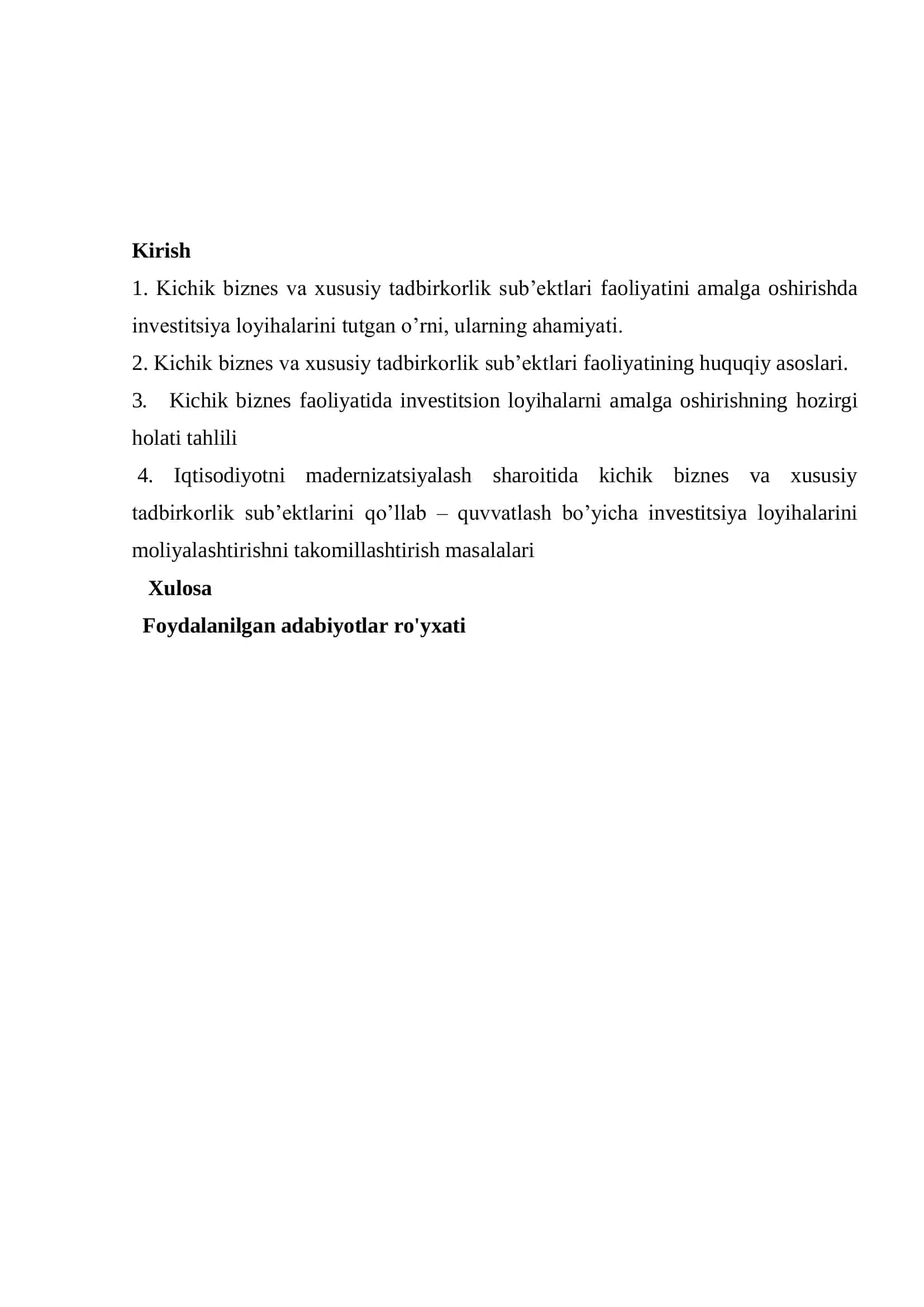 Iqtisodiyotni madernizatsiyalash sharoitida kichik biznes va xususiy tadbirkorlik sub’ektlarini qo’llab – quvvatlash bo’yicha investitsiya loyihalarini moliyalashtirishni takomillashtirish masalalari 2