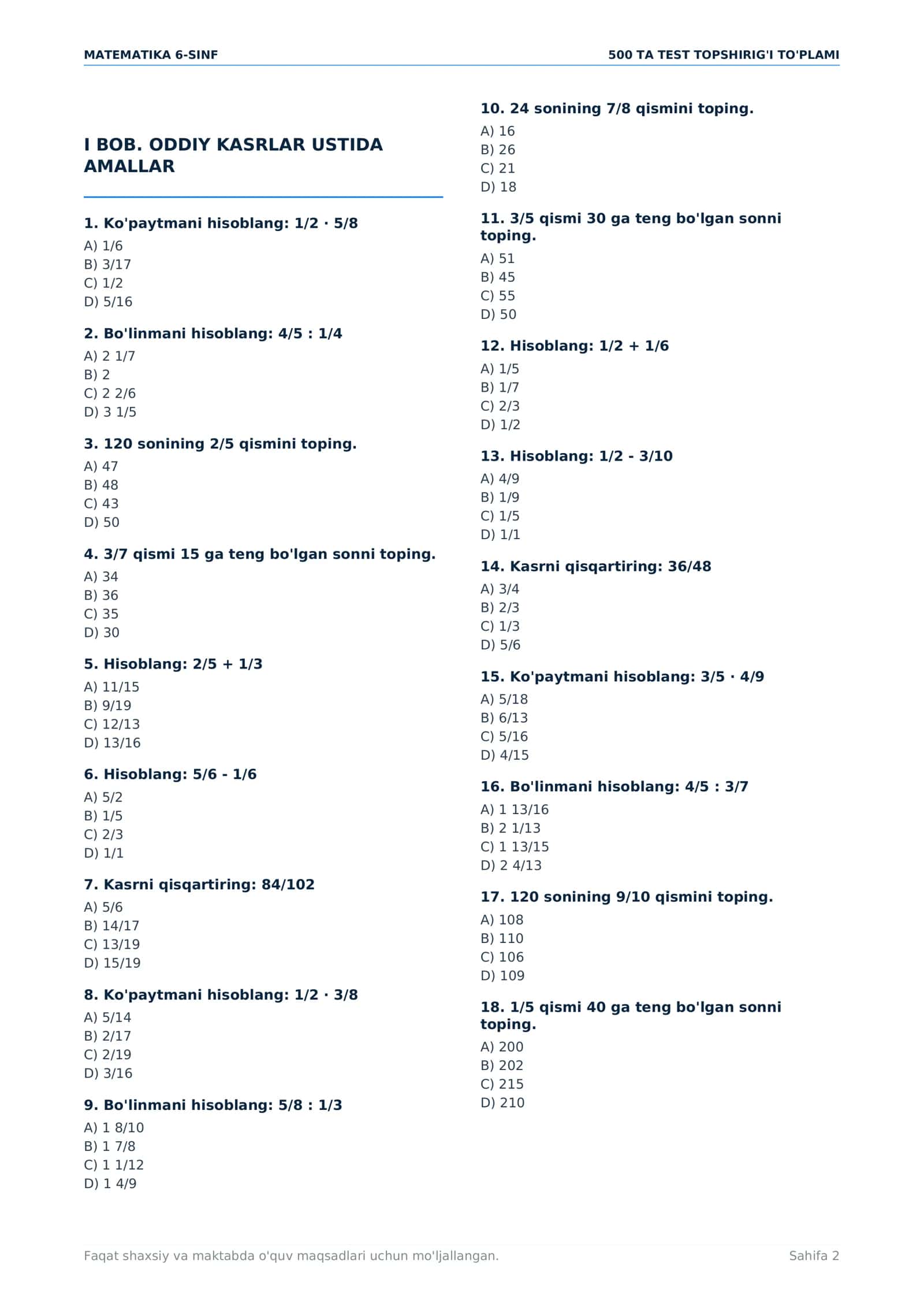6-SINF MATEMATIKA | 500 TA TEST + TO‘LIQ JAVOBLAR | BILIMNI MUSTAHKAMLASH UCHUN PDF 2