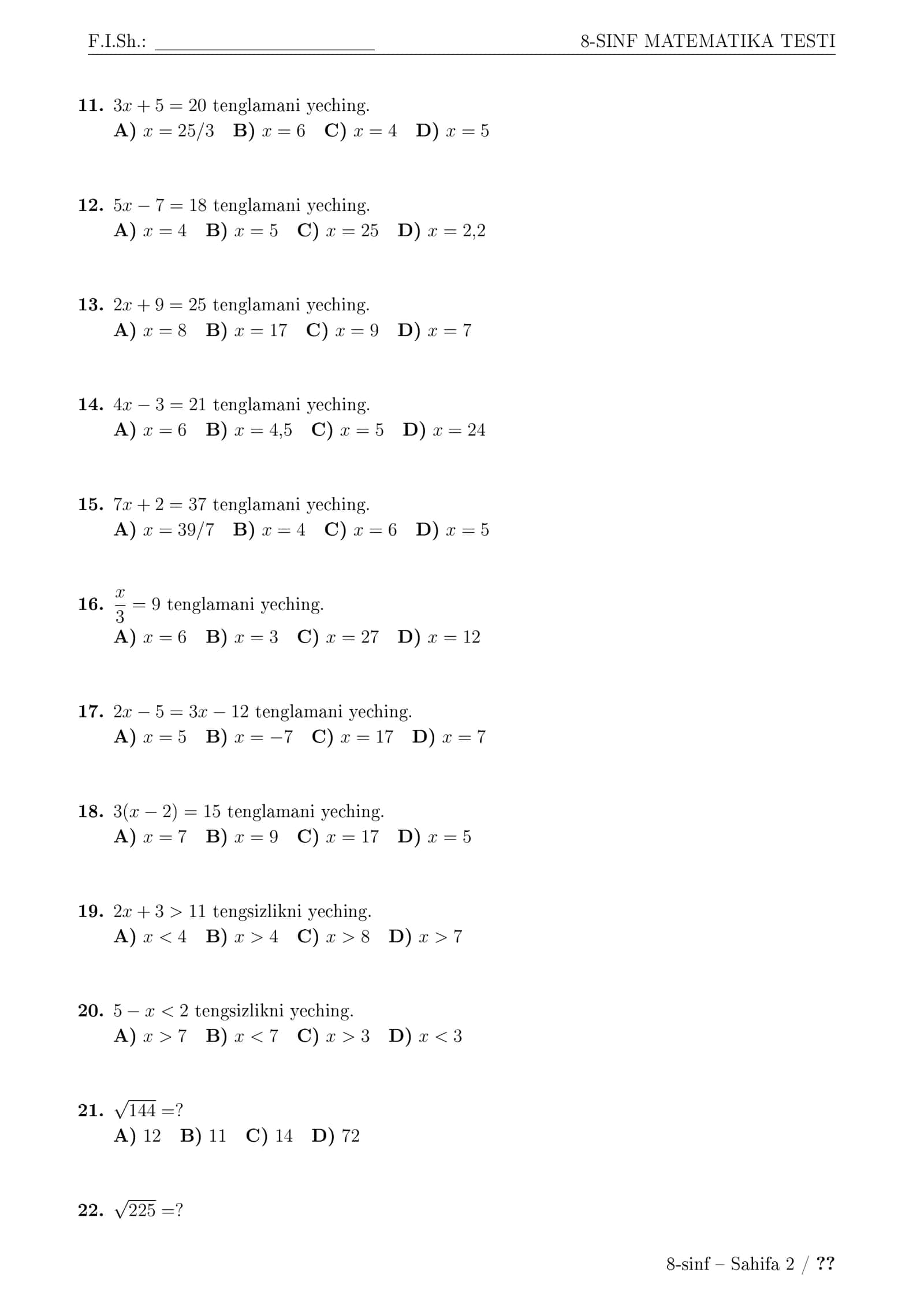 8-SINF MATEMATIKA TESTI 2
