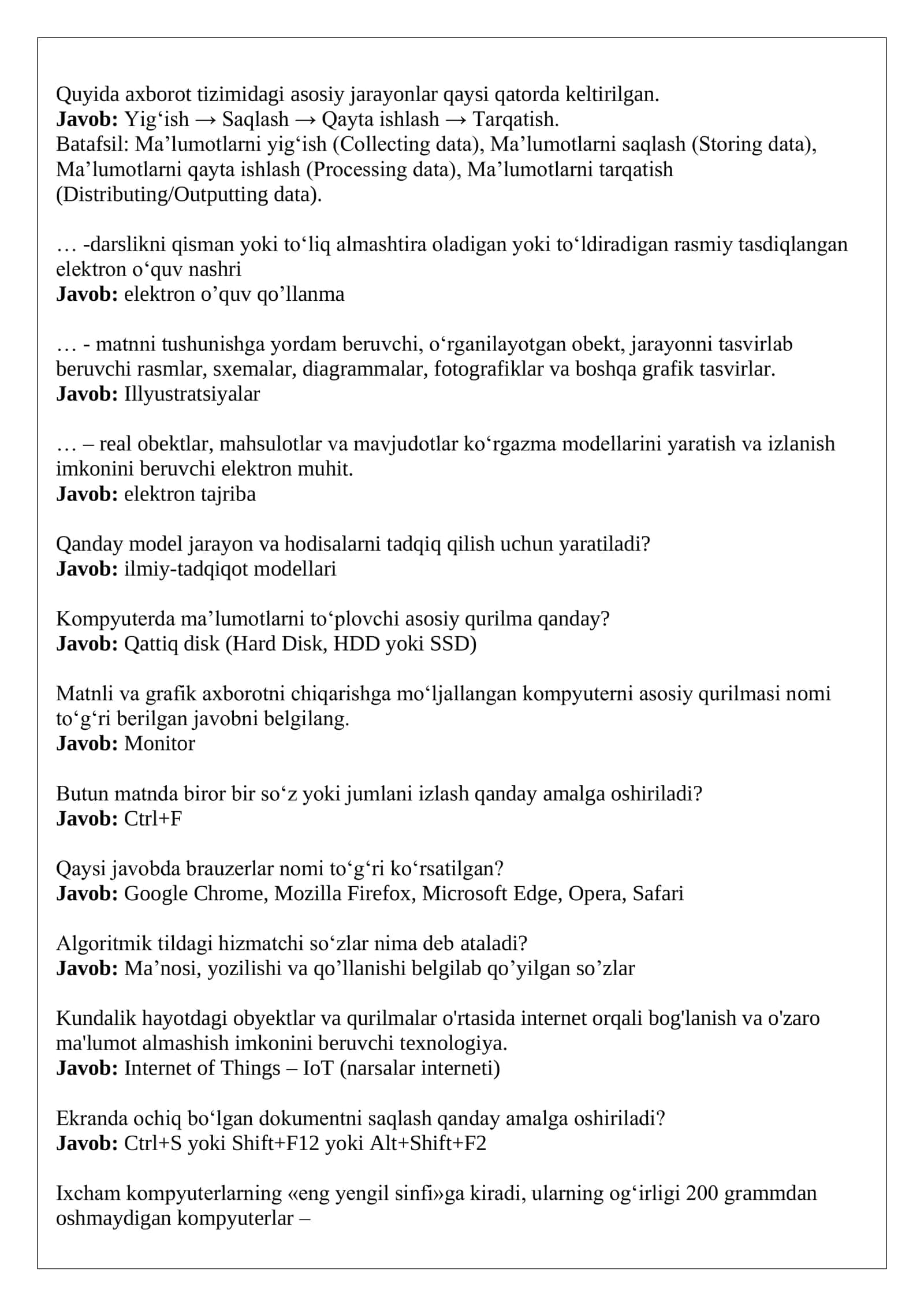 Argos test javoblar 2026 Axborot-kommunikatsiya texnologiyalari. 2