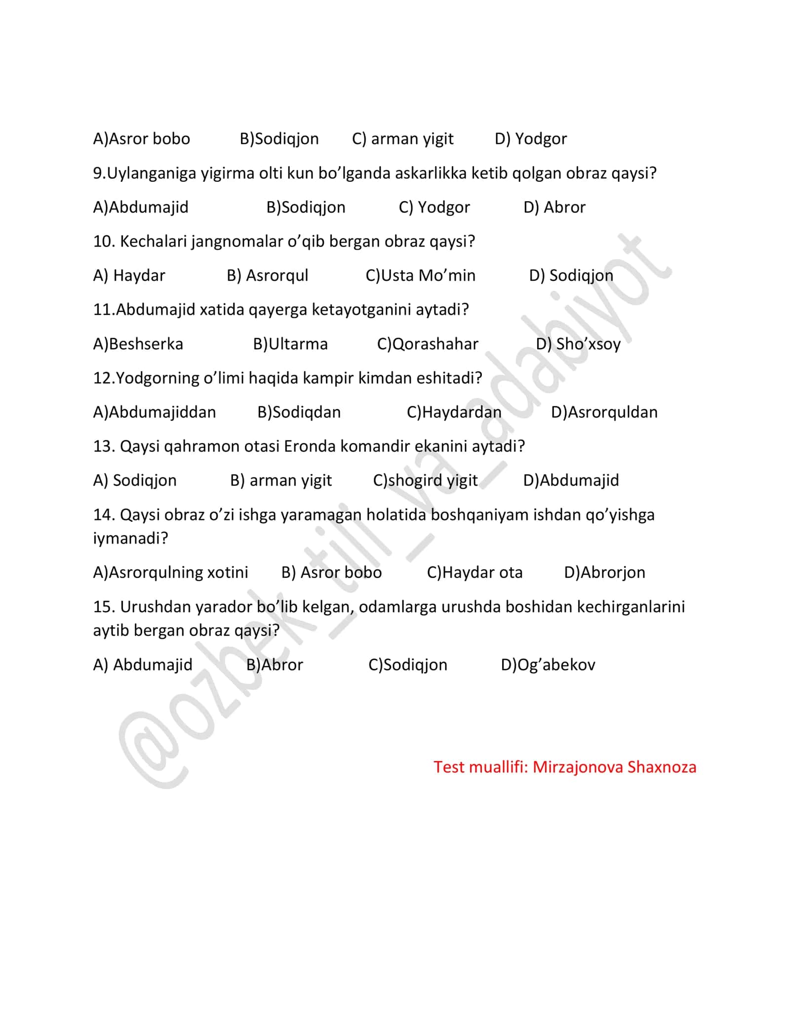“Asror bobo” hikoyasi bo‘yicha test (An’anaviy) 2