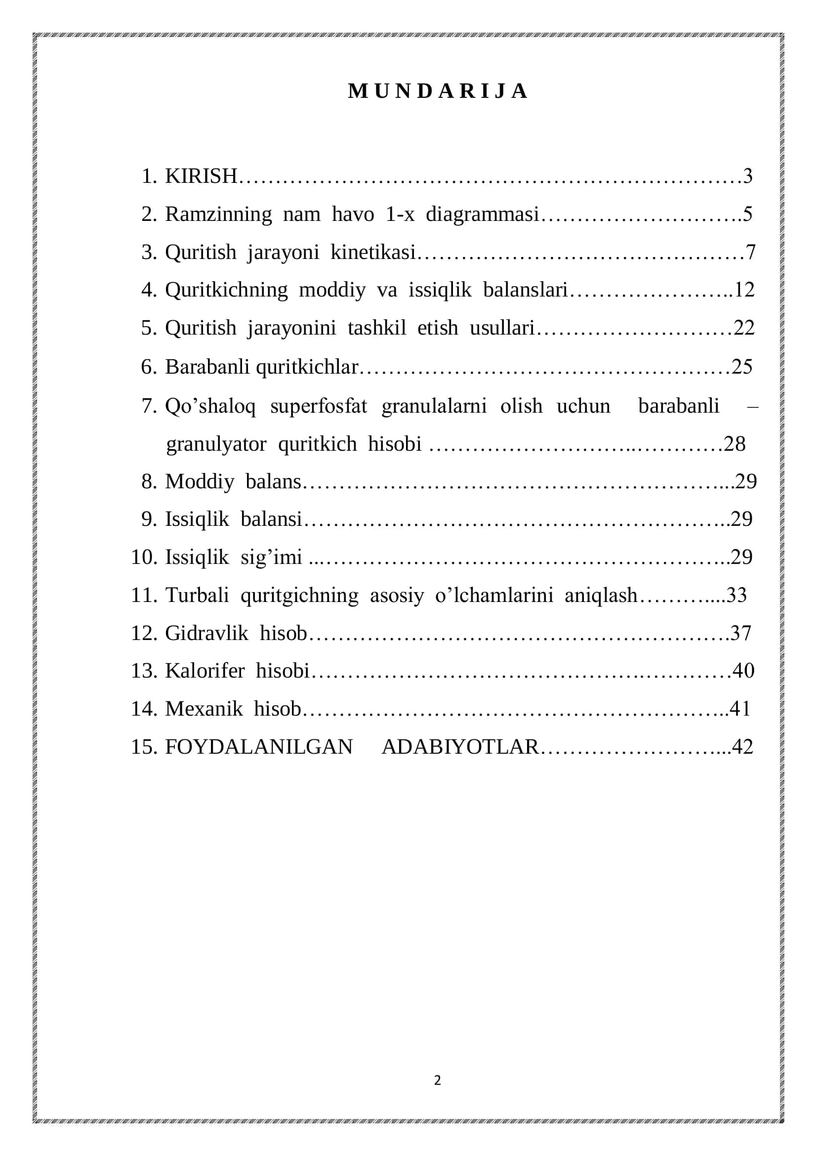 Qo’shaloq superfosfat granulalarni olish uchun barabanli – granulyator quritkich hisobi 2
