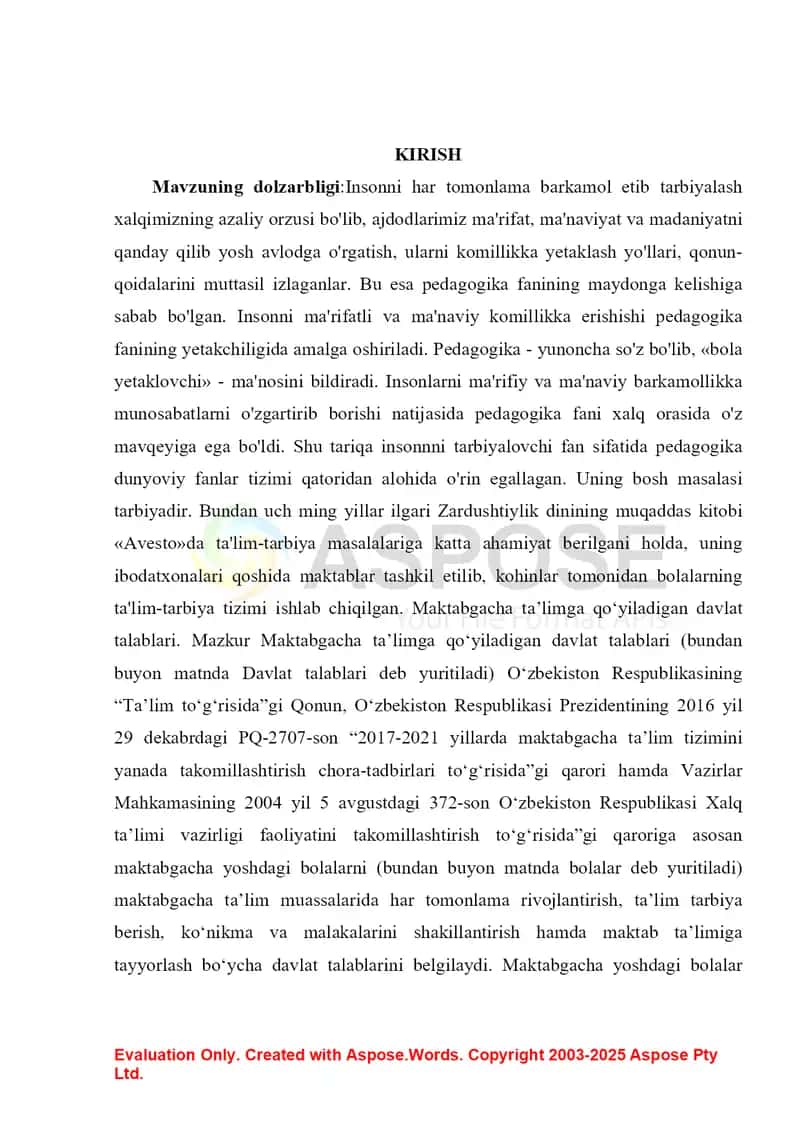 O‘zbekiston Respublikasi ilk va maktabgacha yoshdagi bolalarda rivojlanishiga qo‘yiladigan davlat talablari (kurs ishi) 2