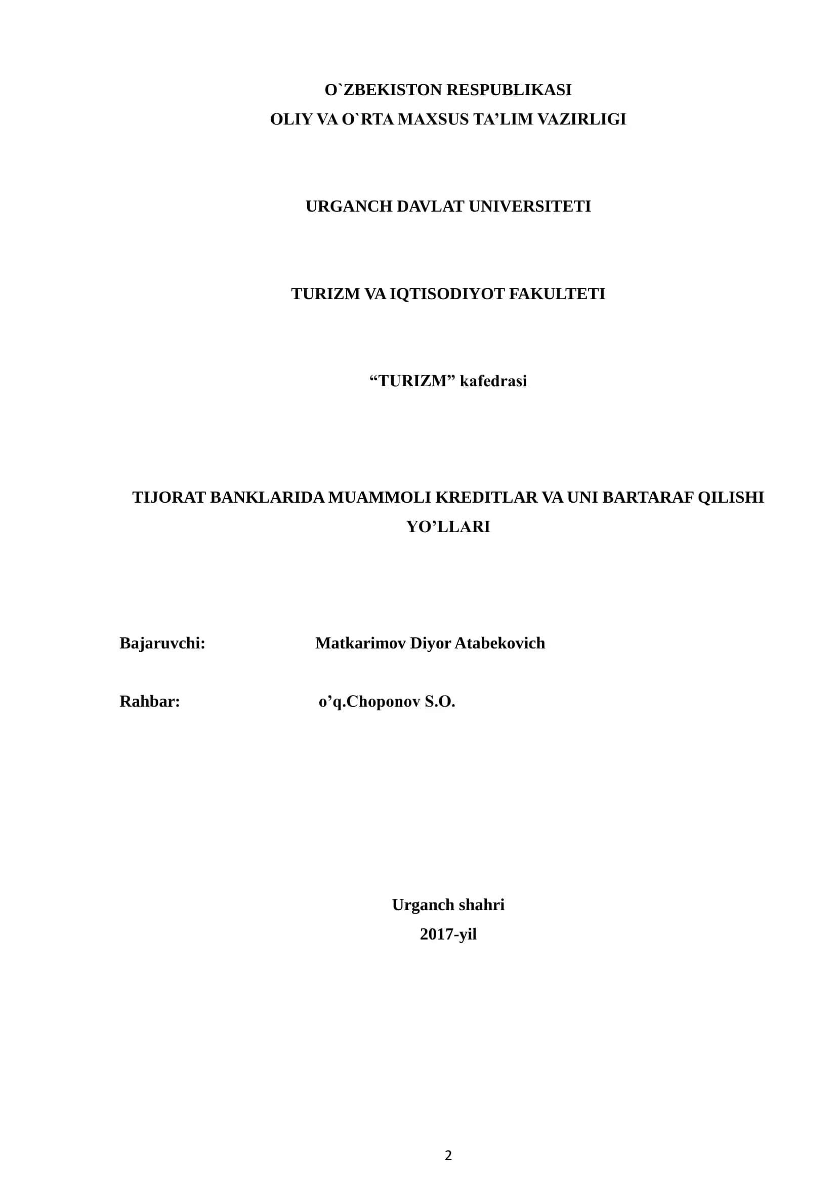 TIJORAT BANKLARIDA MUAMMOLI KREDITLAR VA UNI BARTARAF QILISHI YO'LLLARI 2