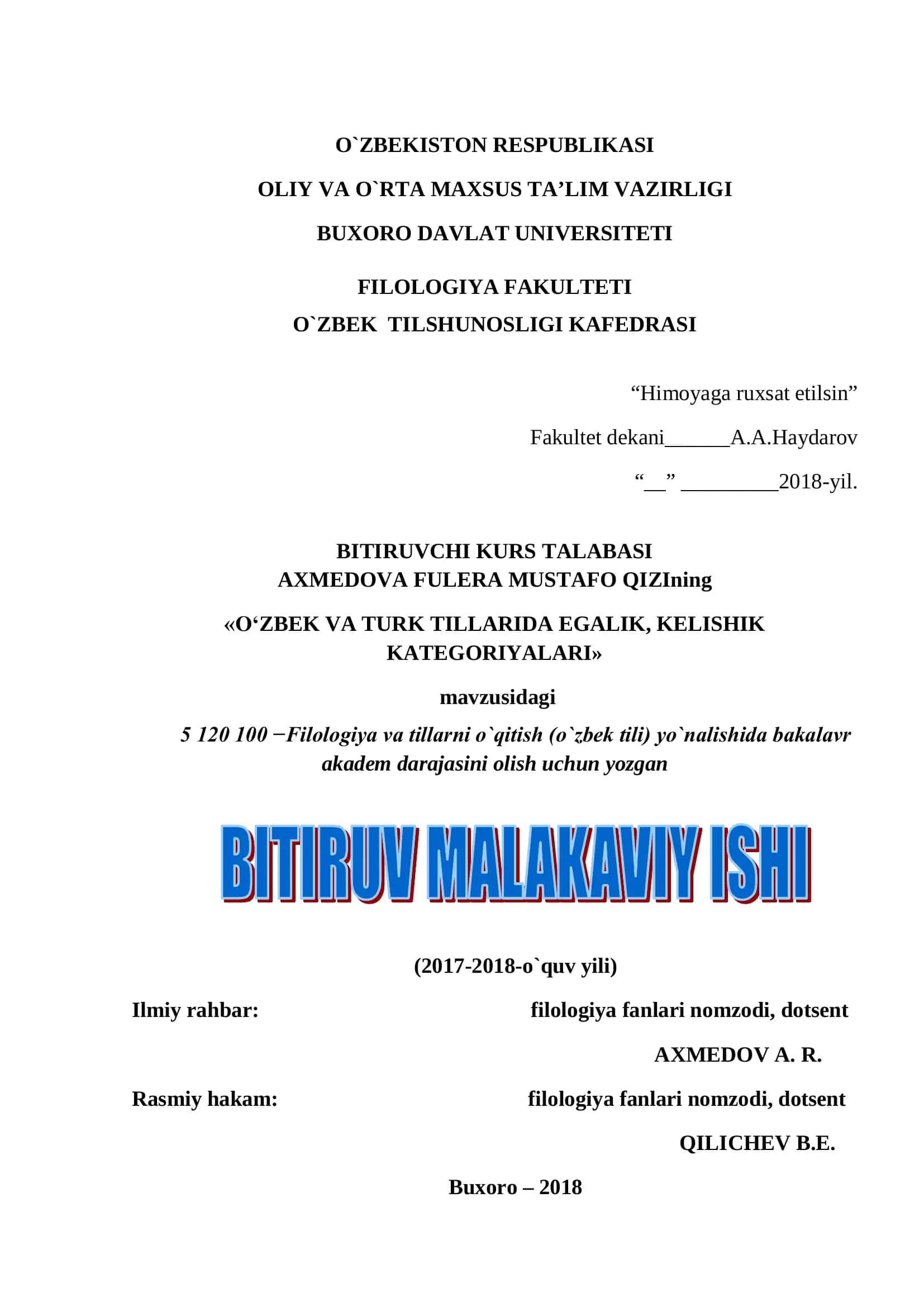 O`zbek va Turk tillarida egalik, kelishik kategoriyalari 2