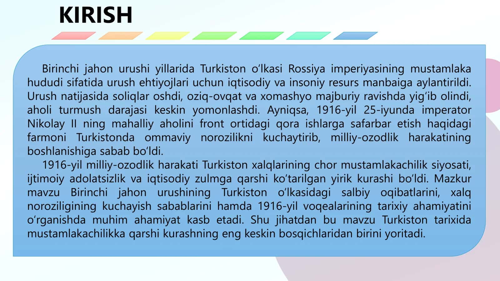 Birinchi jahon urishining Turkiston o‘lkasiga ta'siri 1916-yil milliy-ozodlik harakati 2