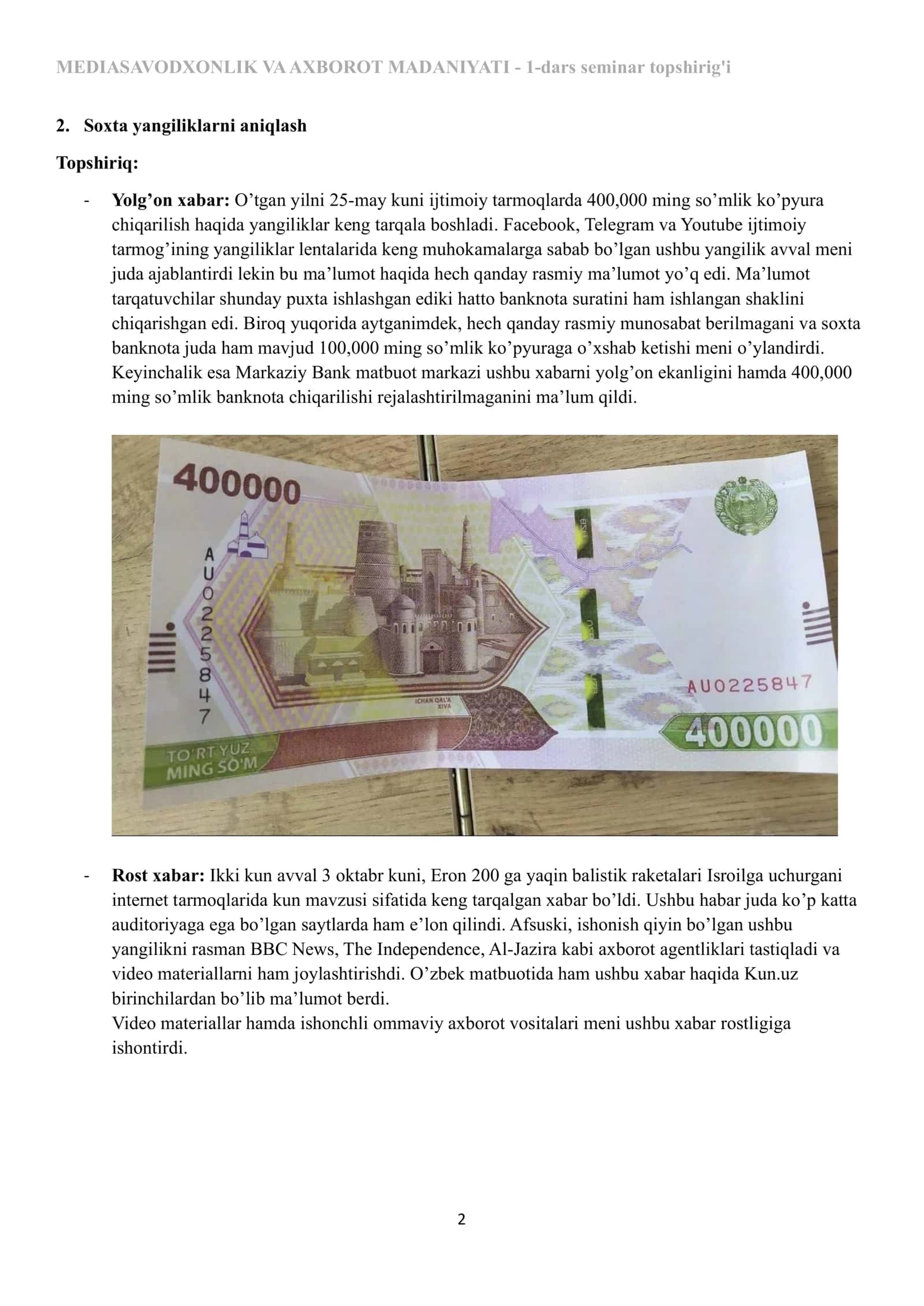 MEDIASAVODXONLIK VA AXBOROT MADANIYATI  amaliy  topshiriq 2