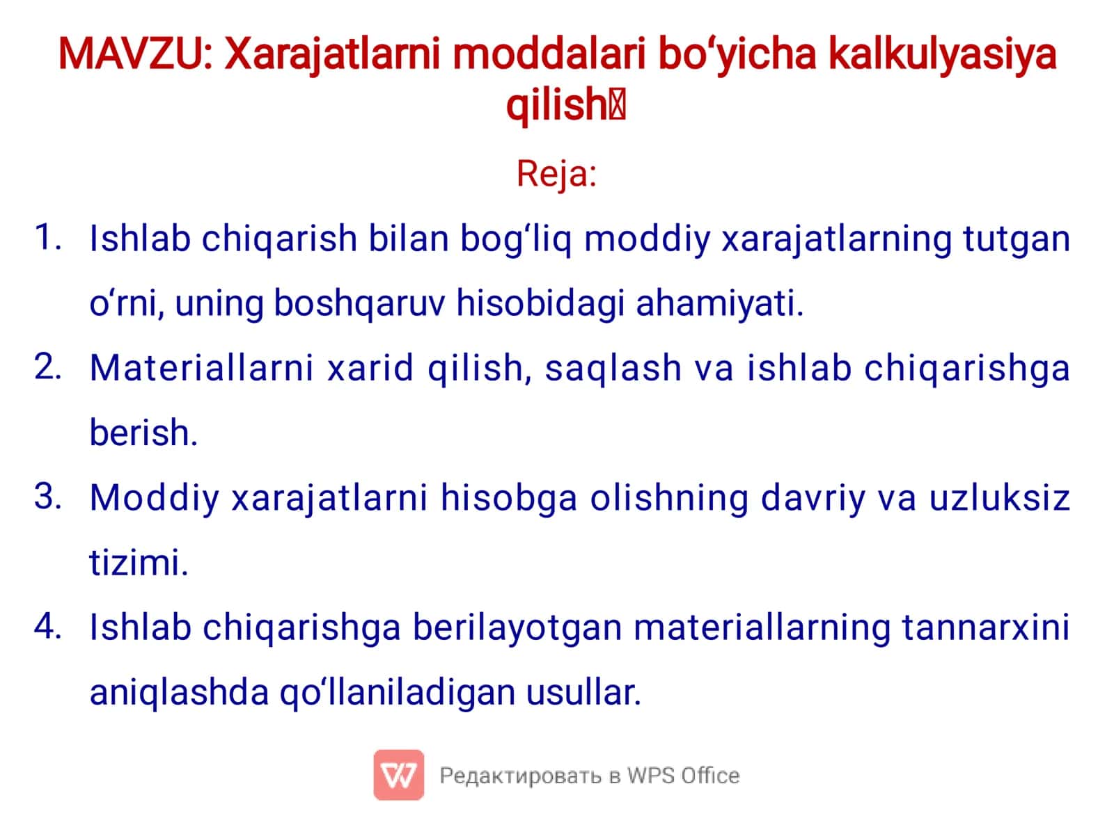 Xarajatlarni moddalari bo‘yicha kalkulyasiya qilish 2