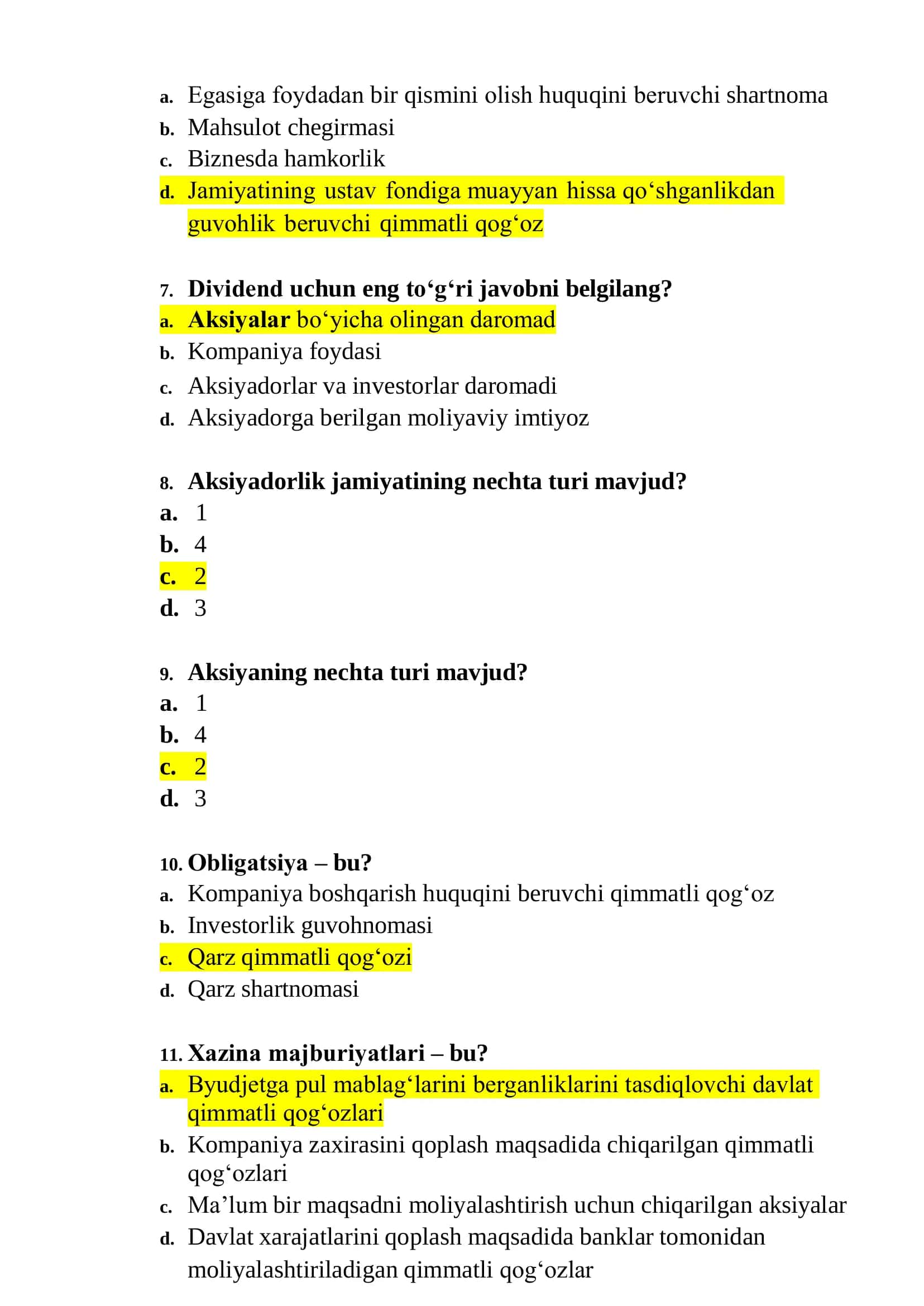 MOLIYA BOZORLARI VA INSTITUTLARI FANIDAN TEST SAVOLLARI 2