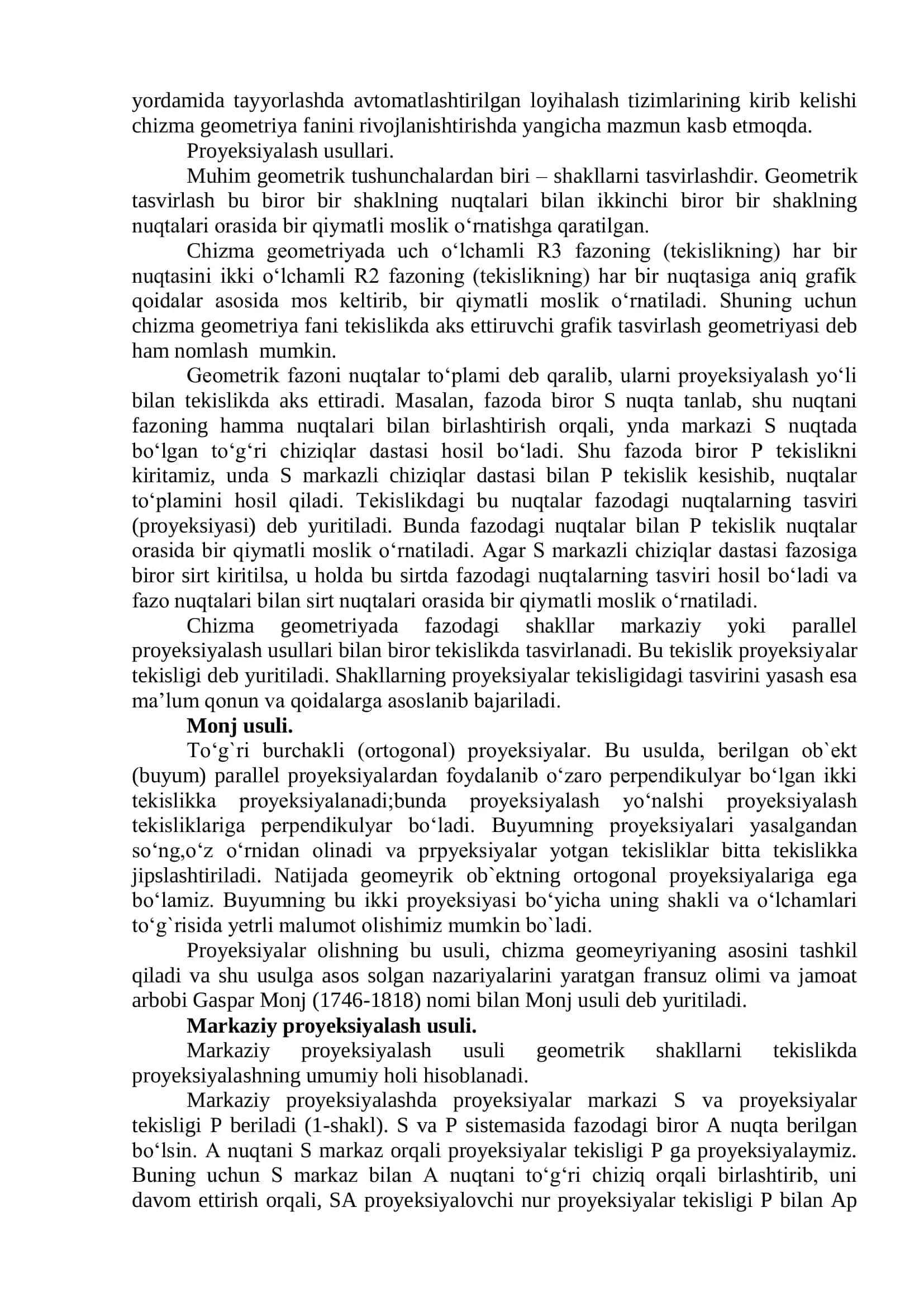 1-ma’ruza: Proyeksiyalash usullari. Monj usuli. Nuqtaning ortogonal proyeksiyalari. Monj epyuri. Umumiy va xususiy vaziyatdagi to‘g‘ri chiziqlar. Kesmaning haqiqiy uzunligini topish. 2