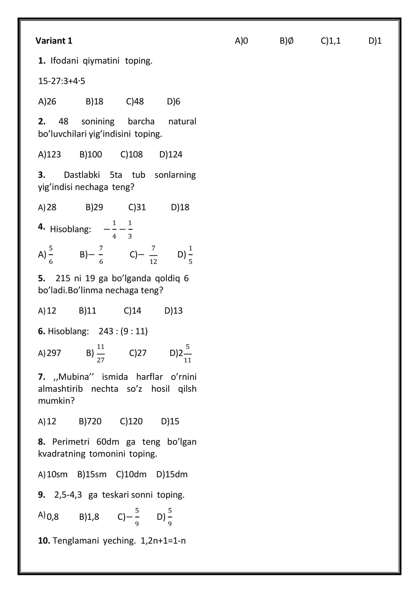 Matematikadan Majburiy blok uchun TESTLAR TO'PLAMI 2