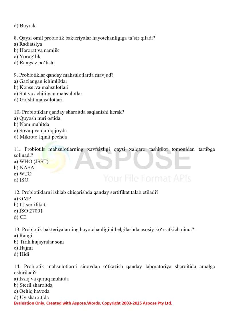 Probiotiklarni standartlash bo‘yicha test savollari 30 ta. Javobli. 2