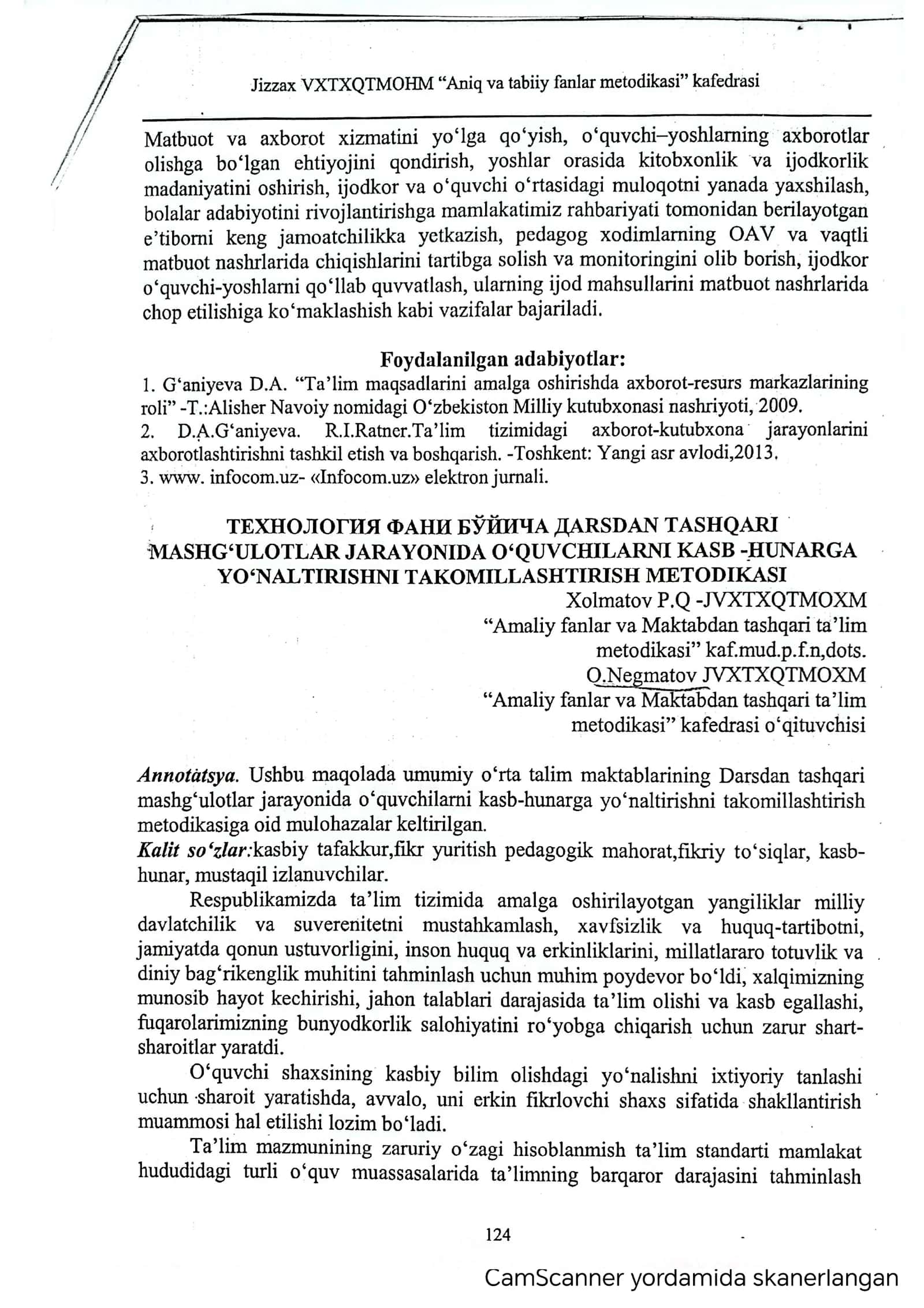 Texnologiya fani buyicha darsdan tashqari mashg'ulotlar jarayonda o'quvchilarni kasb-hunarga yunaltirishni takomillashtirish metodikasi 2