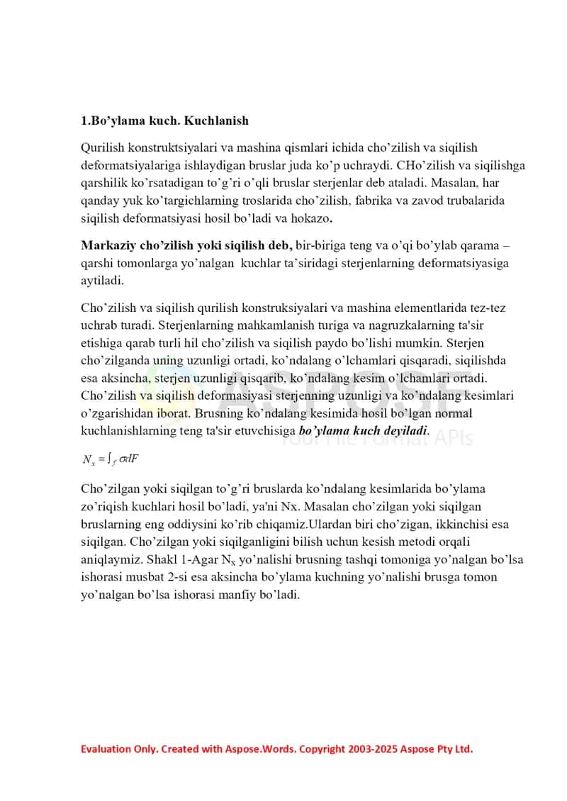 Cho‘zilish vа siqilish.  Cho‘zilish vа siqilishdаgi ichki kuchlаr, yuklаnish vа dеfоrmаtsiya 2