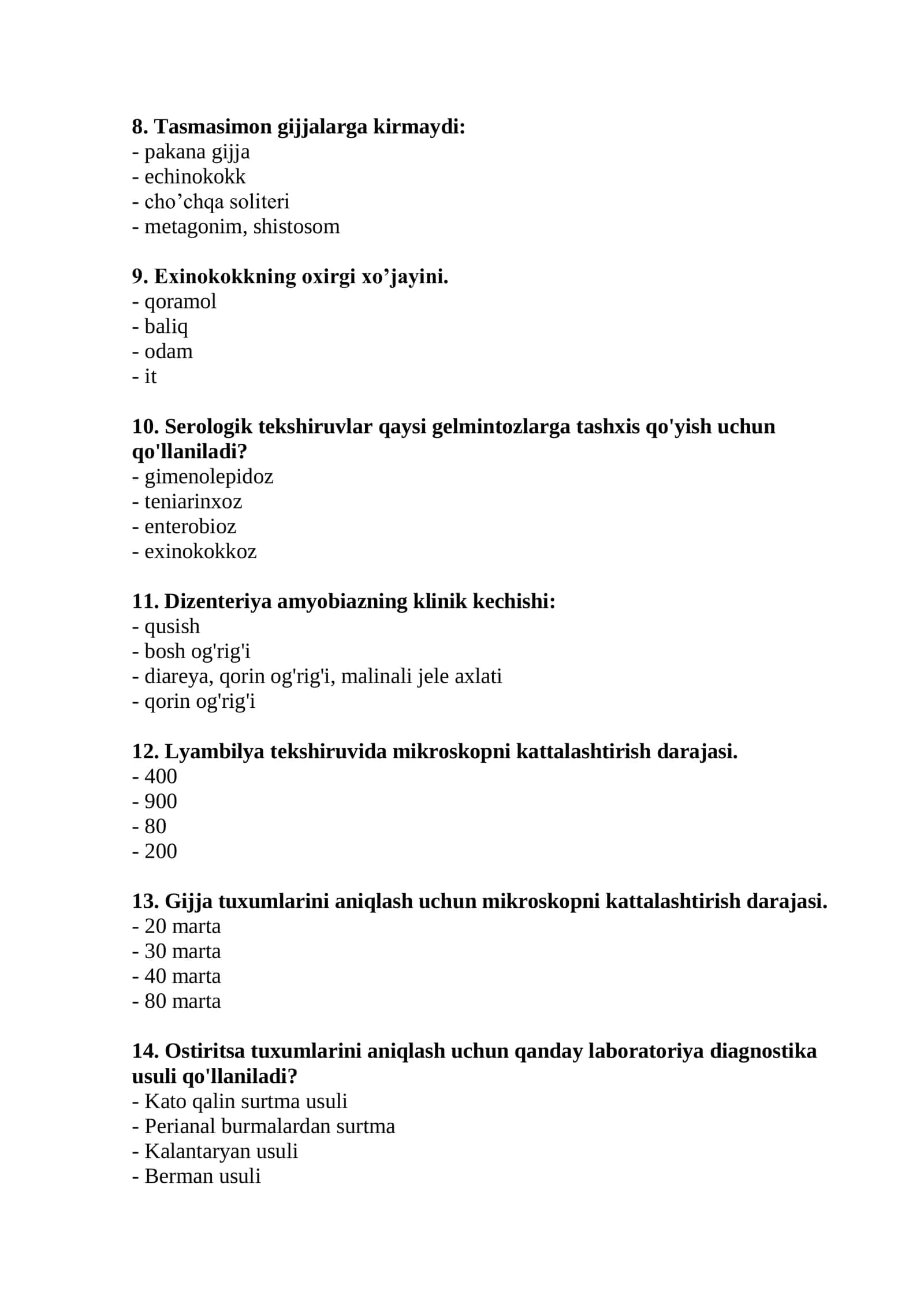Parazitar kasalliklar laboratoriya diagnostikasi mutaxassisligi bo'yicha shakllantirilgan test savollari ro'yxati 2