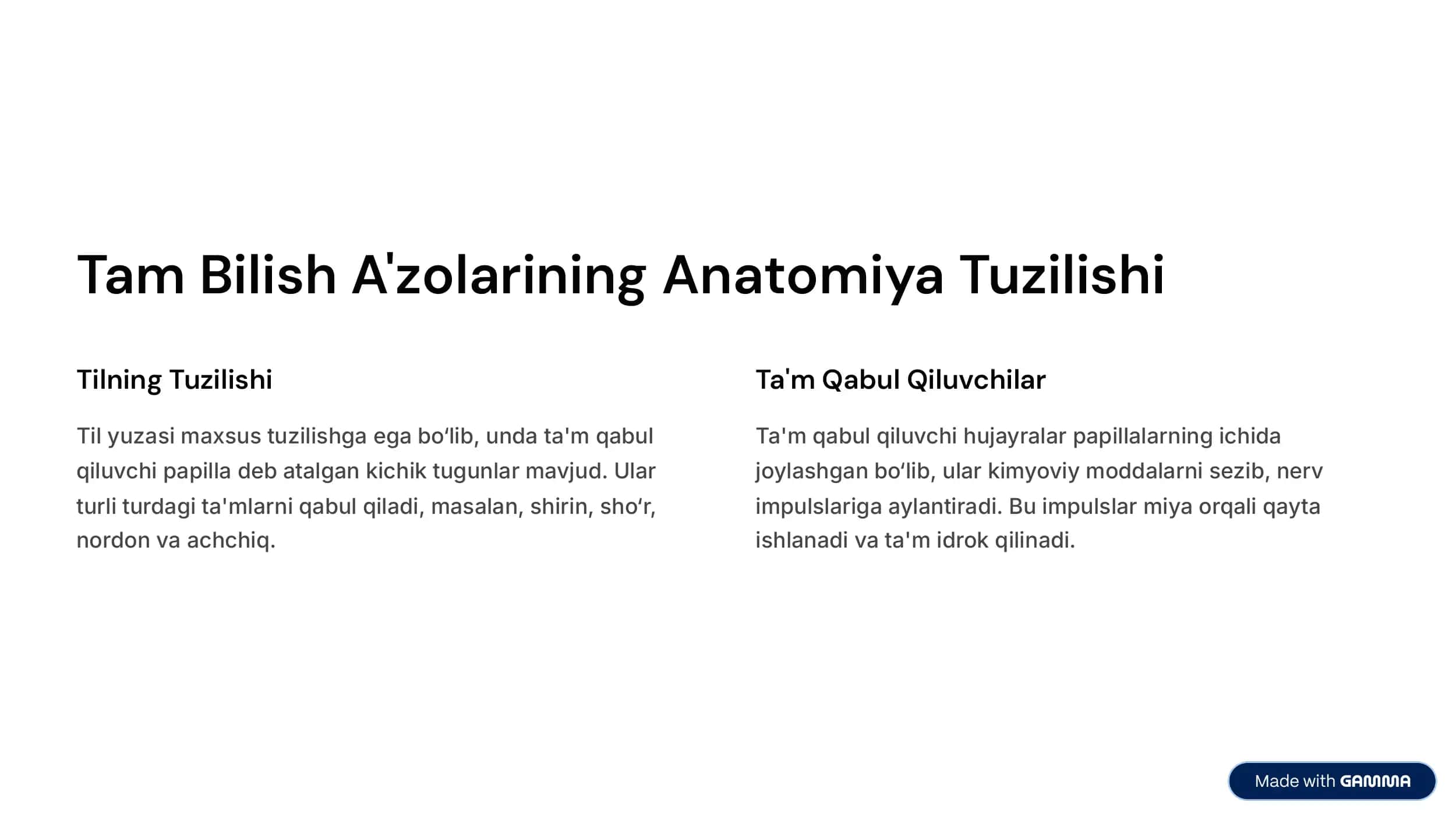 Tam va Hid Bilish A'zolarining Vazifaviy Anatomiyasi 2