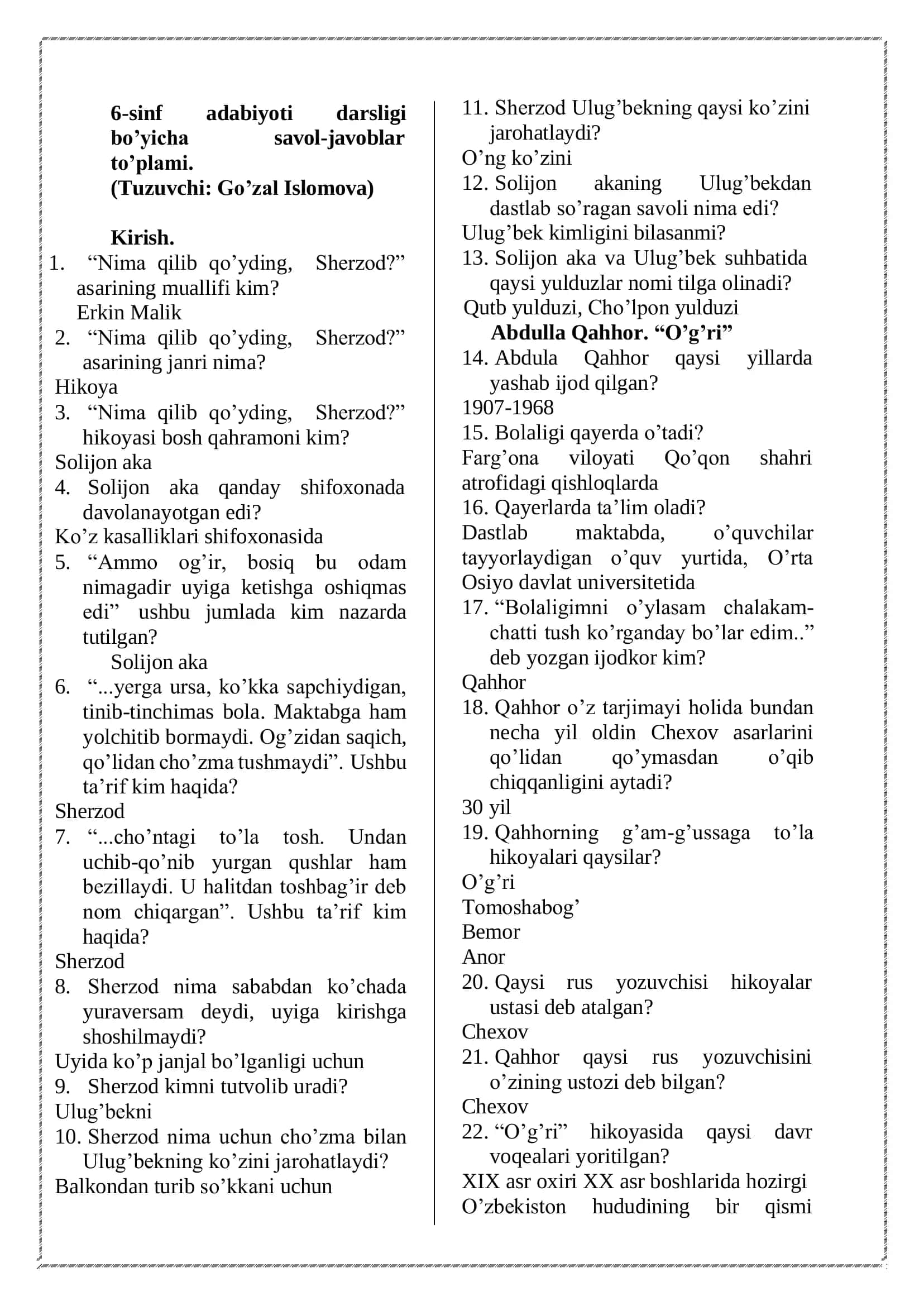 Adabiyot Yangi Darsliklar Savol-Javoblar To'plami. 6-7-10-sinflar. Atestatsiya uchun maxsus savolnoma. 2
