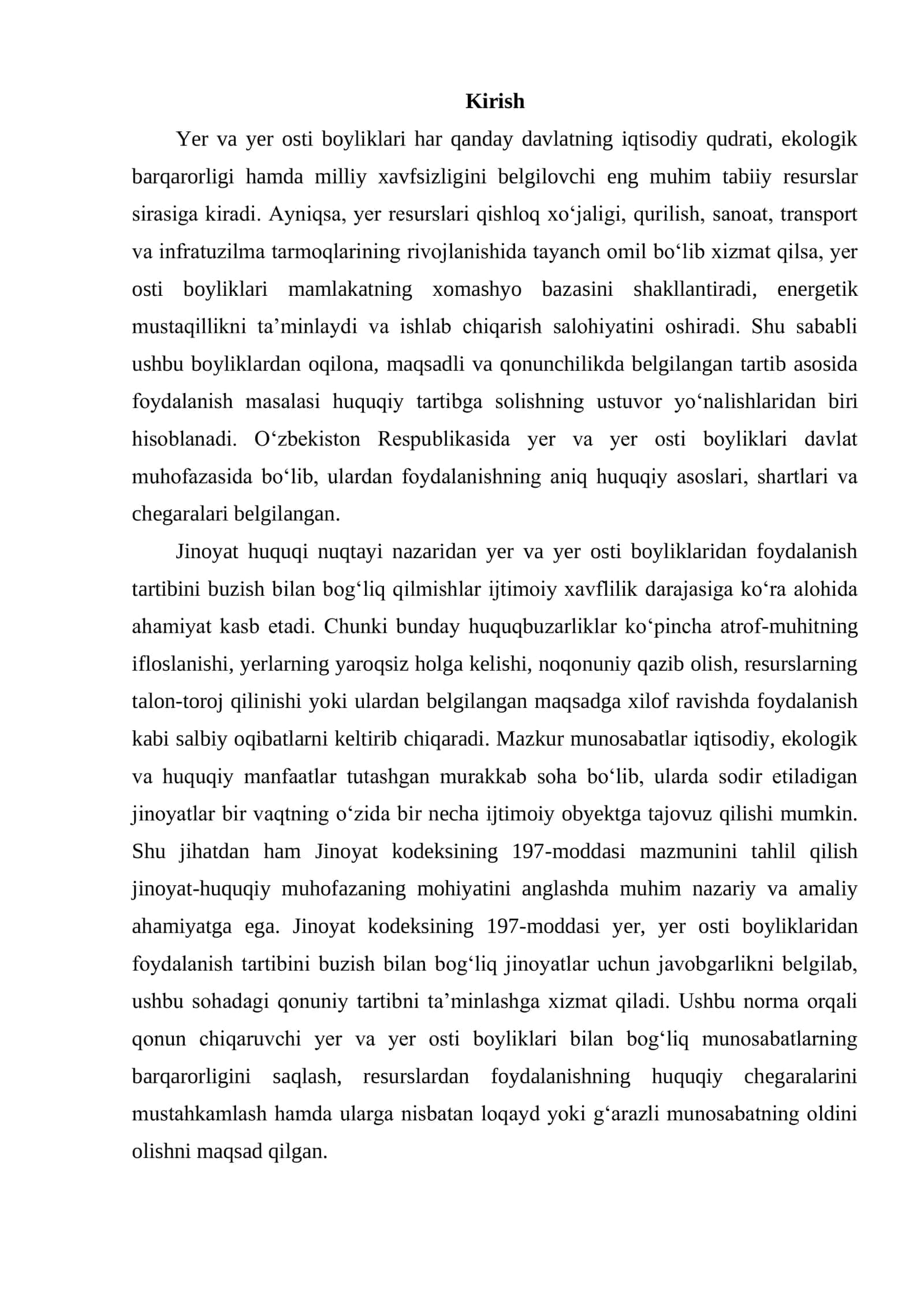 JINOYAT KODEKSINING 197-MODDASI. YER, YER OSTI BOYLIKLARIDAN FOYDALANISH TARTIBINI BUZISH BILAN BOG'LIQ JINOYATLAR 2