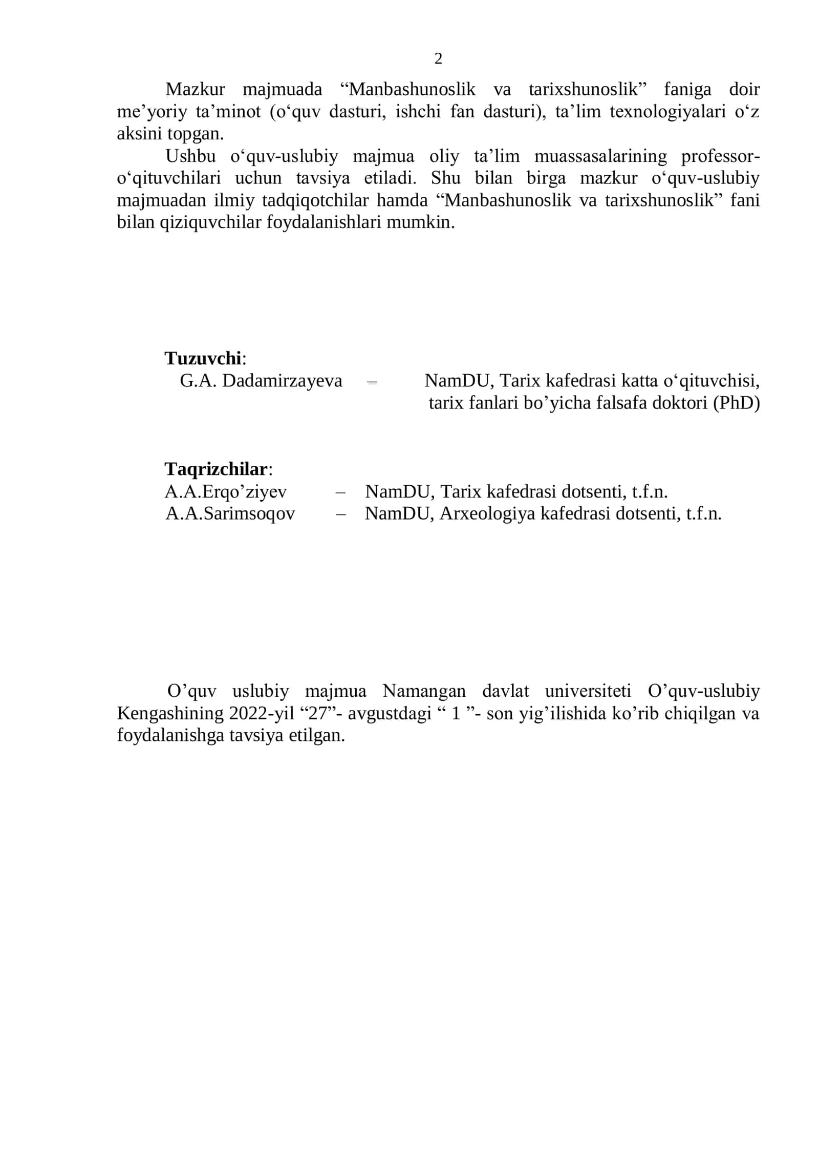O‘quv-uslubiy majmua "Manbashunoslik va tarixshunoslik" faniga 2