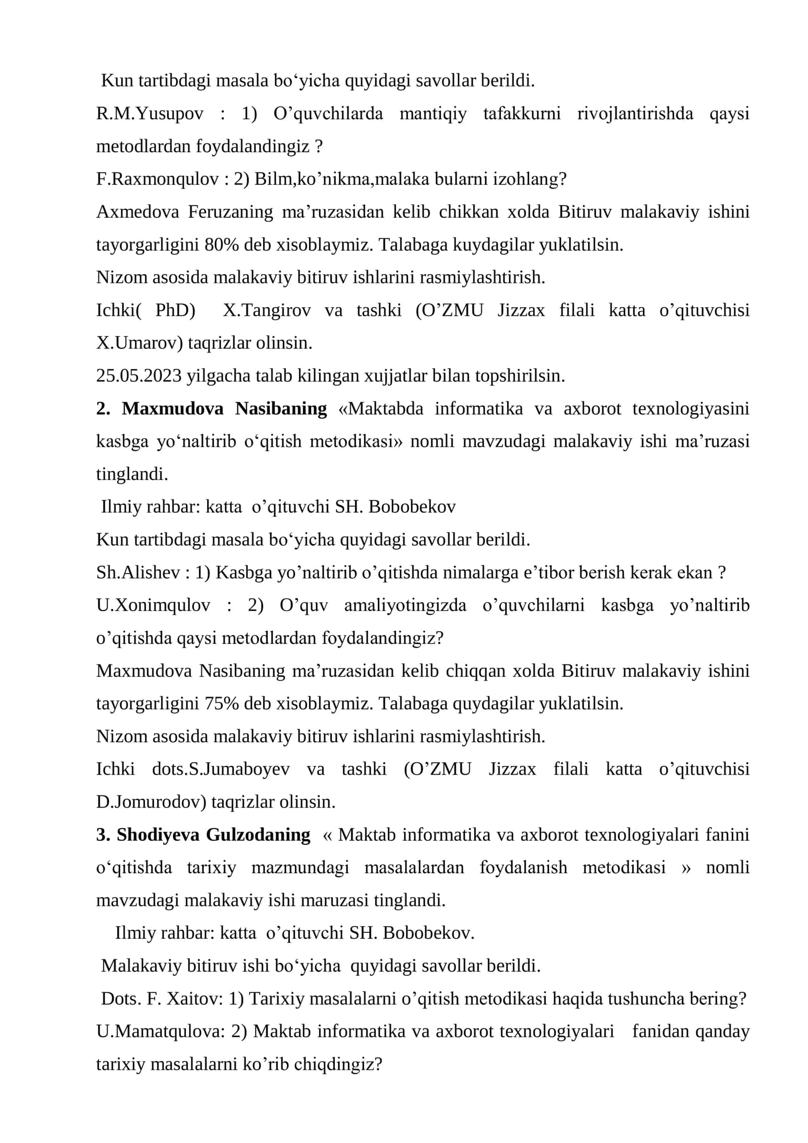 Informatika va raqamli ta’lim texnologiyalari kafedrasida o‘tkazilgan yigilish BAYONNOMASI № 2