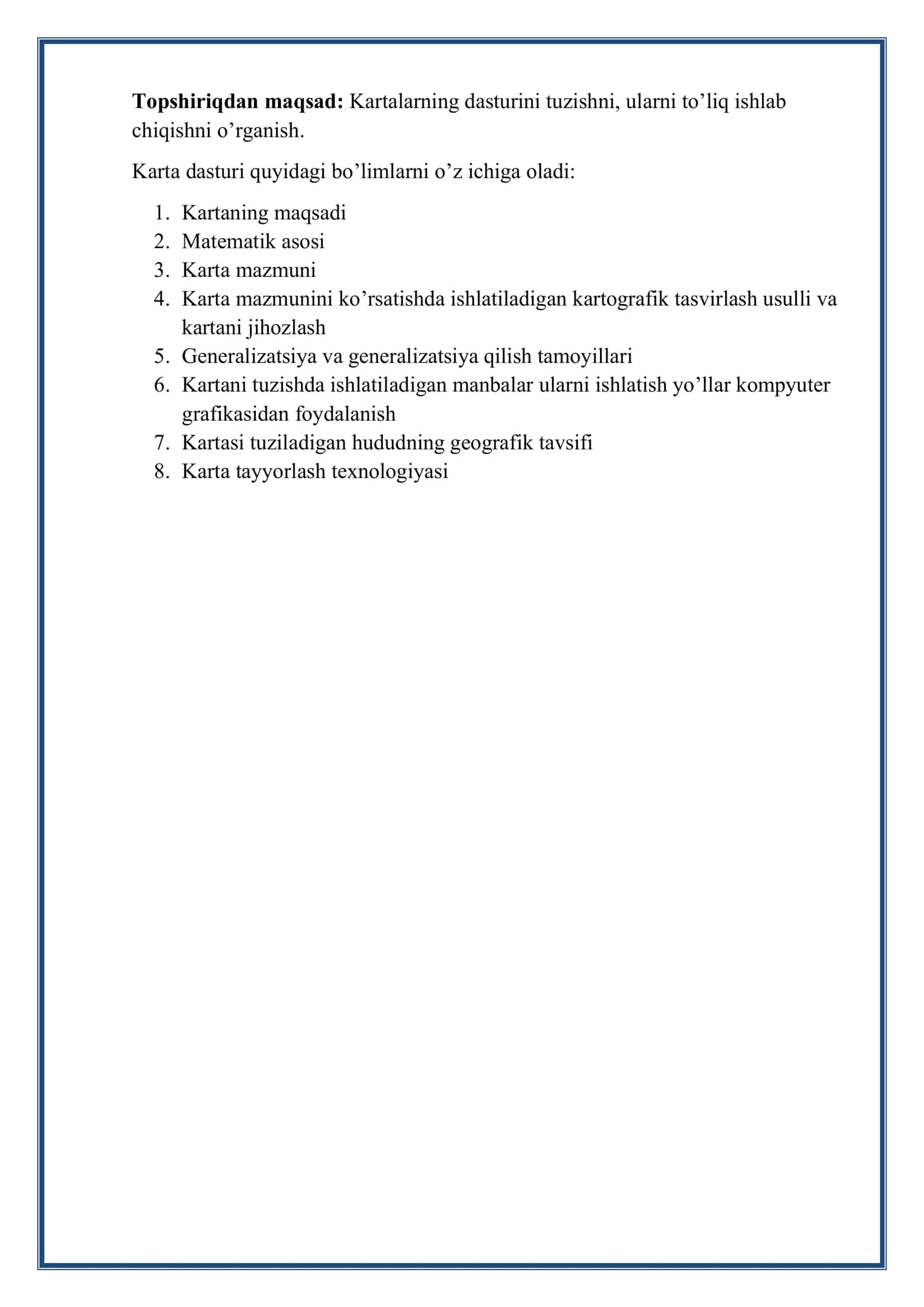 Kartani tuzish ishlarining ketma-ketligi karta dasturini yaratish 2