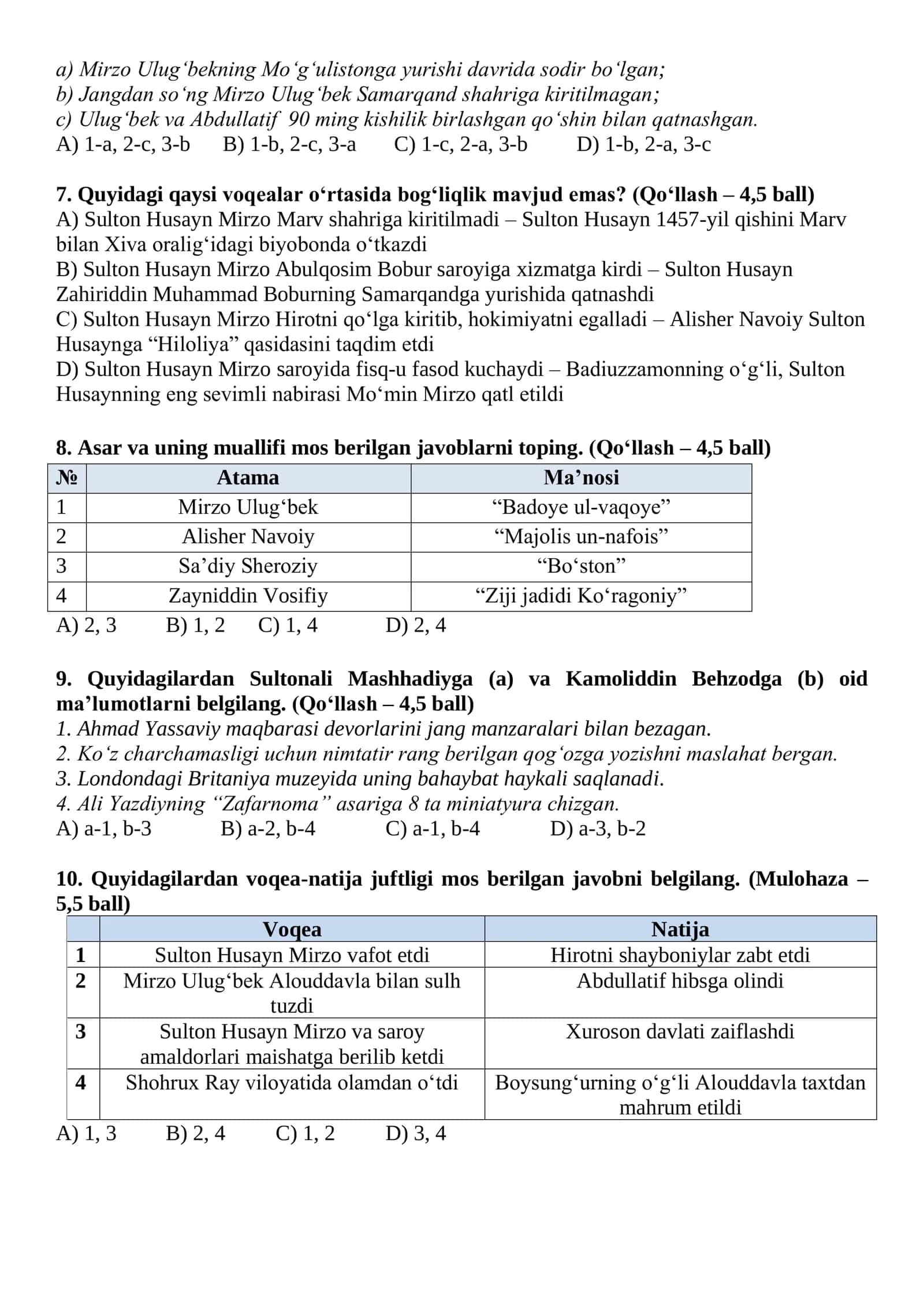 8-SINF. O‘ZBEKISTON TARIXI CHSB 2