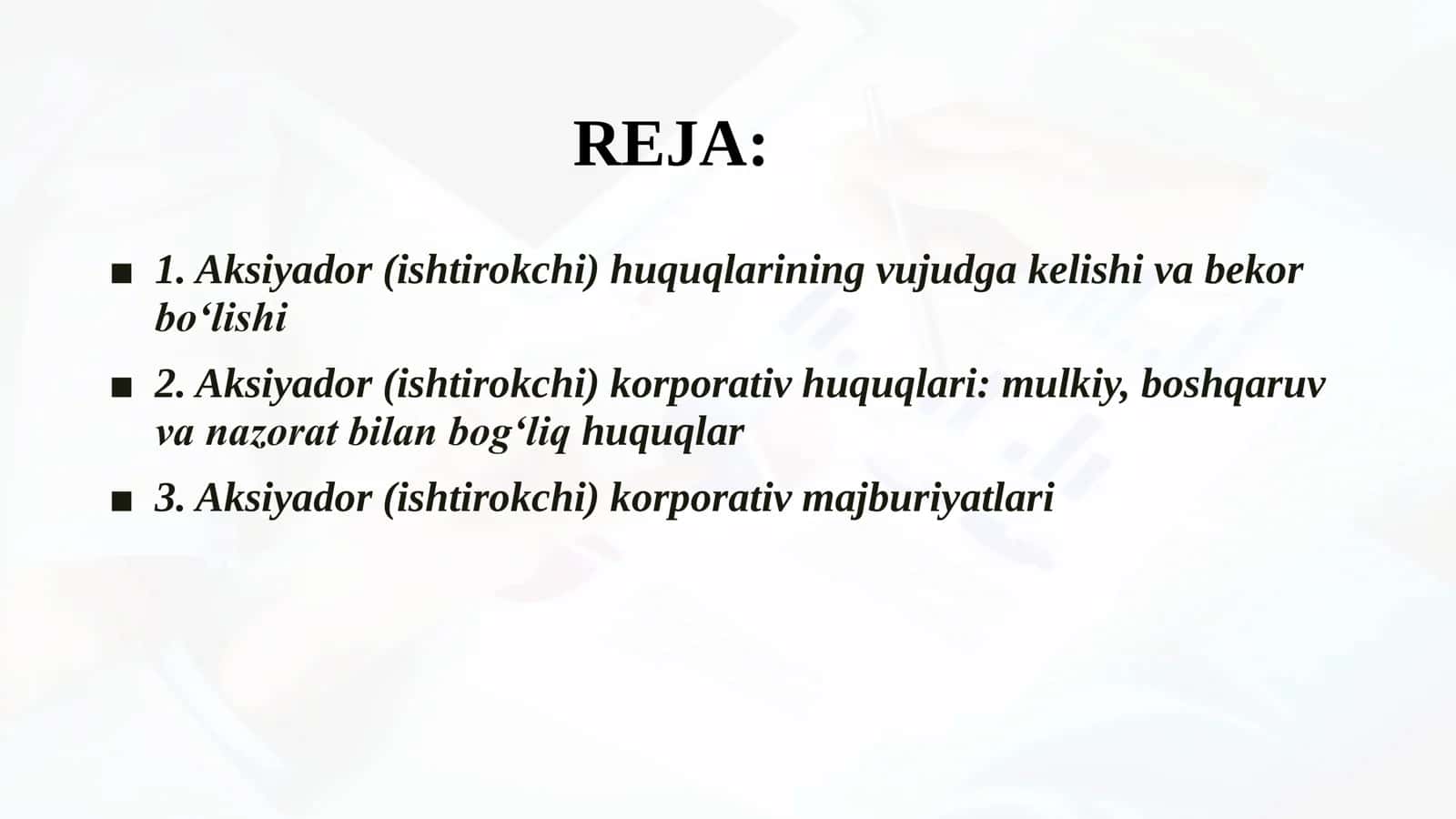 XO‘JALIK JAMIYATLARIDA AKSIYADOR VA ISHTIROKCHILARNING KORPORATIV HUQUQLARI VA MAJBURIYATLARI 2