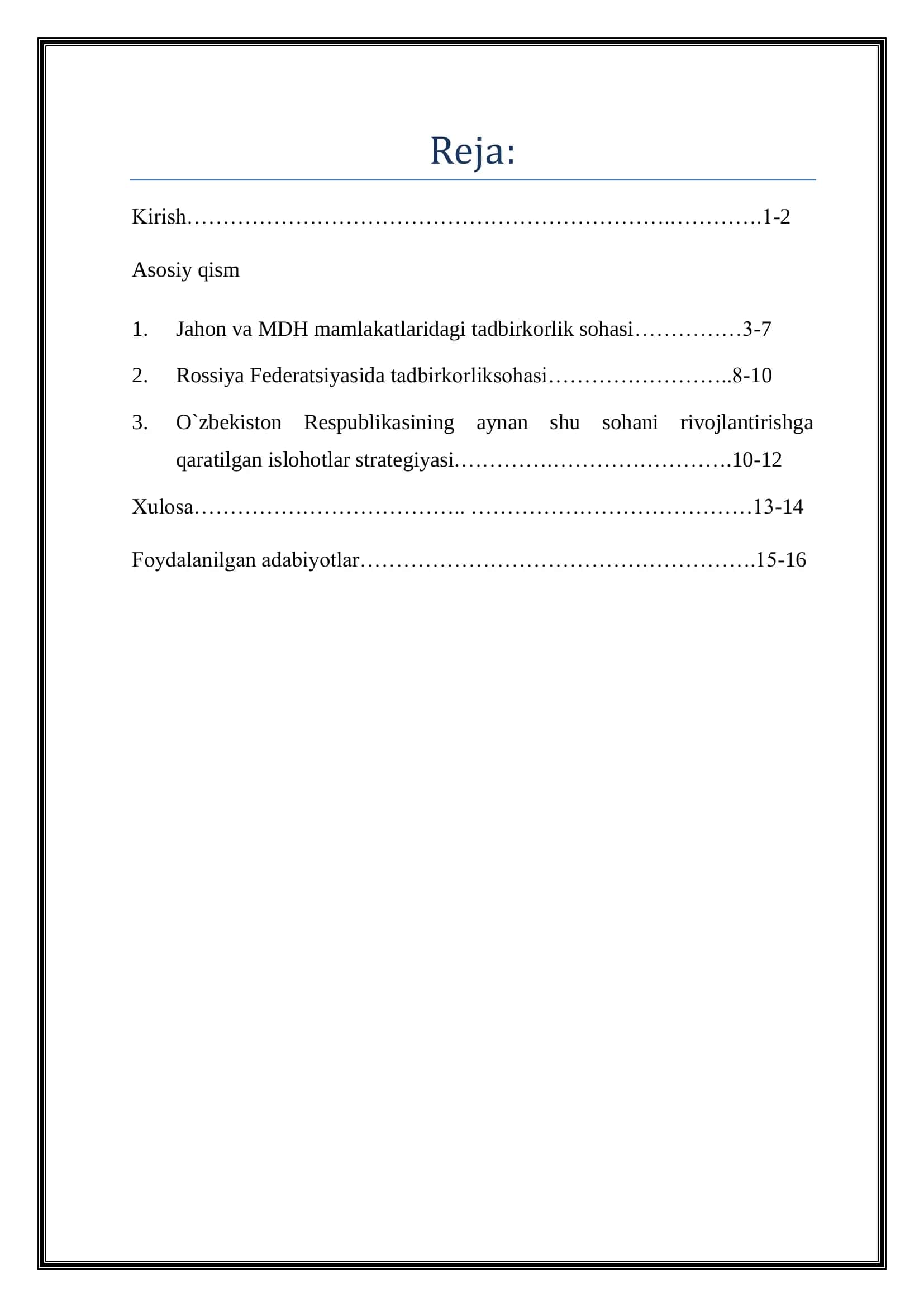 MDH mamlakatlarida tadbirkorlik faoliyatining rivojlanishi 2