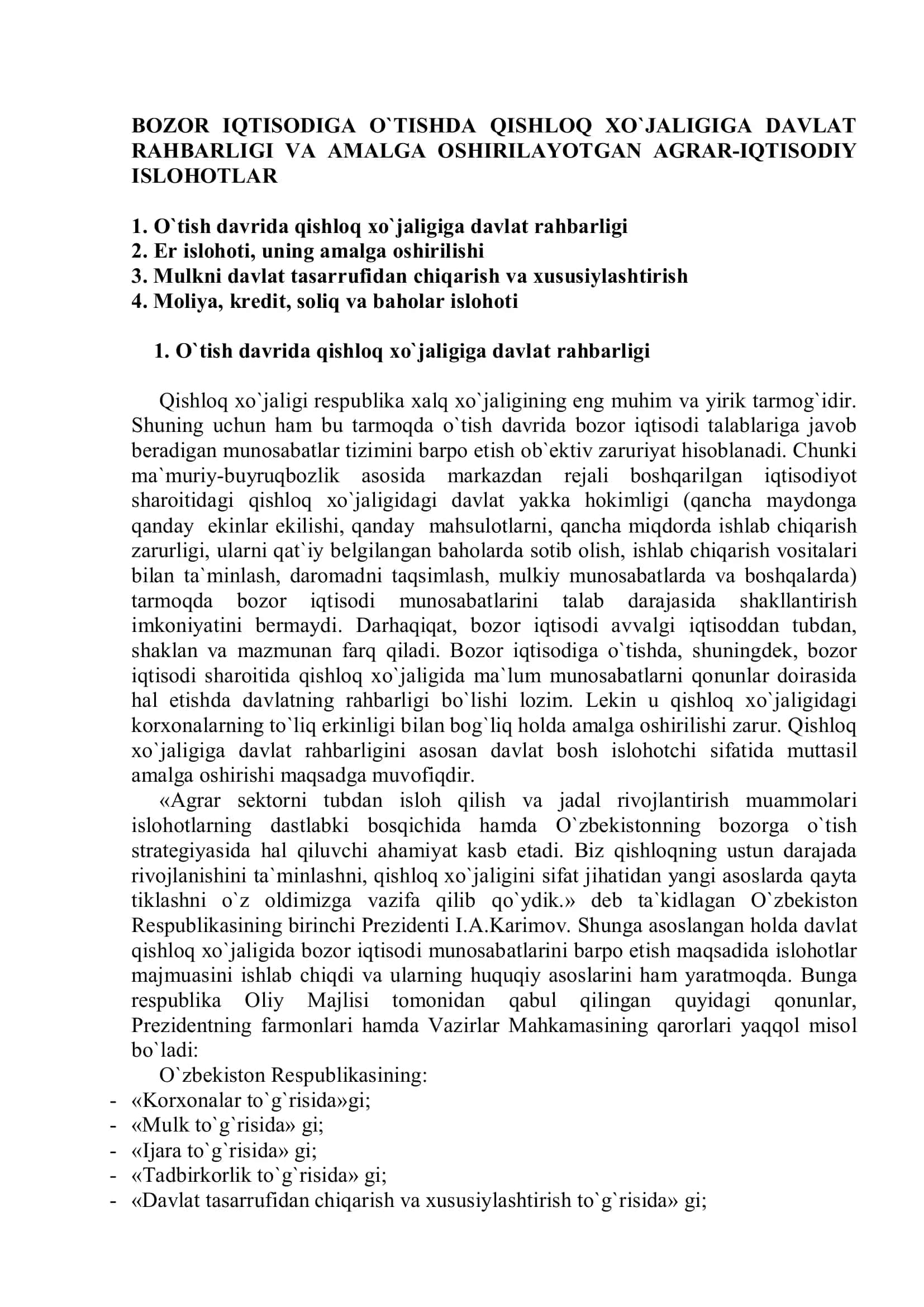 BOZOR IQTISODIGA O`TISHDA QISHLOQ XO`JALIGIGA DAVLAT RAHBARLIGI VA AMALGA OSHIRILAYOTGAN AGRAR-IQTISODIY ISLOHOTLAR 2