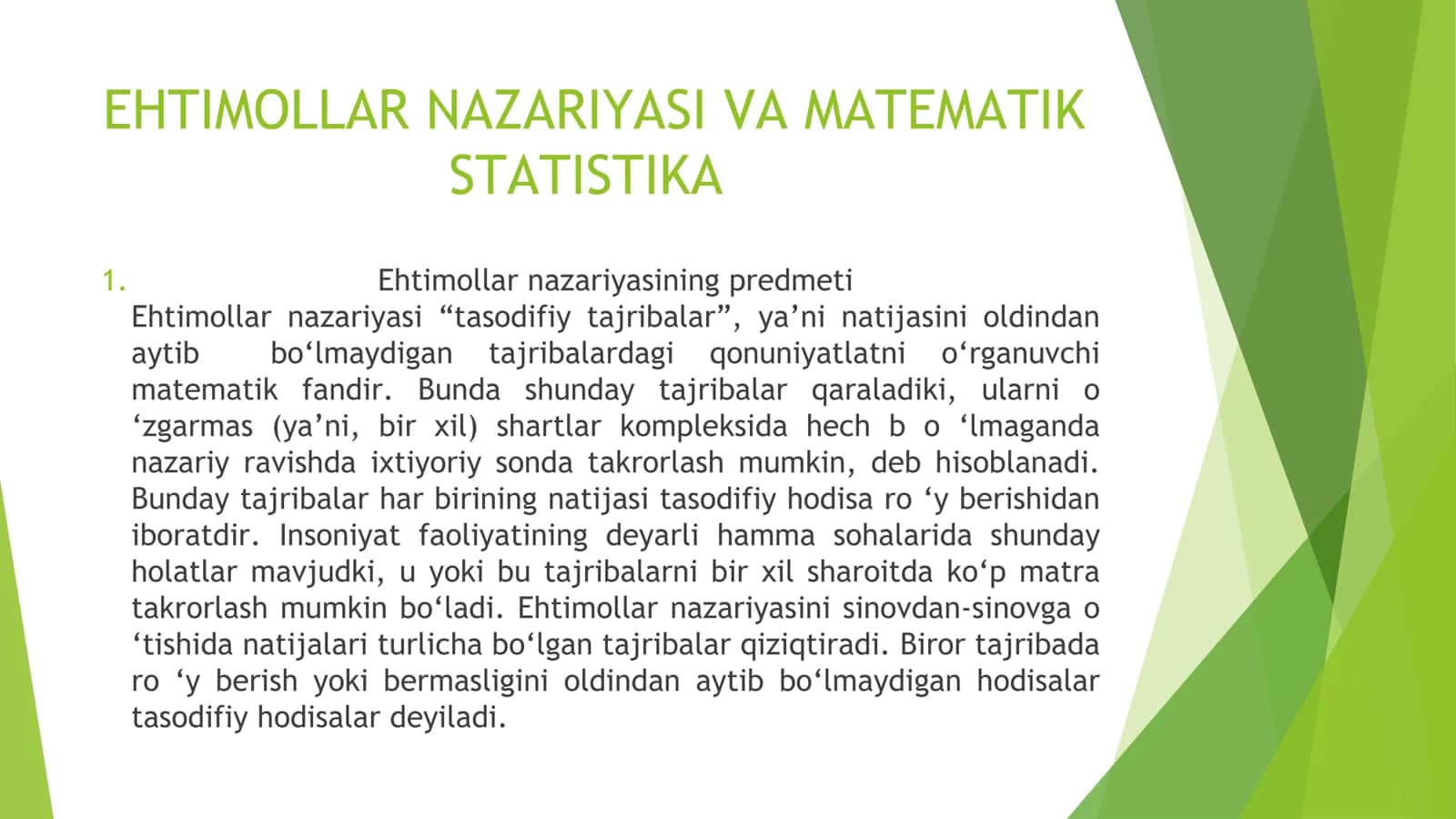 EHTIMOLLAR NAZARIYASI VA MATEMATIK STATISTIKA 2