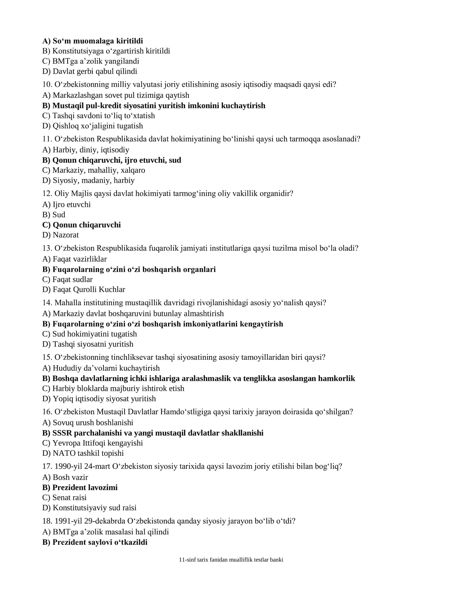 Tarix fanidan 11-sinflar uchun Asosiy fanlar olimpiadasiga tayyorgarlik  testlar banki 100 talk (javoblari bilan) 2