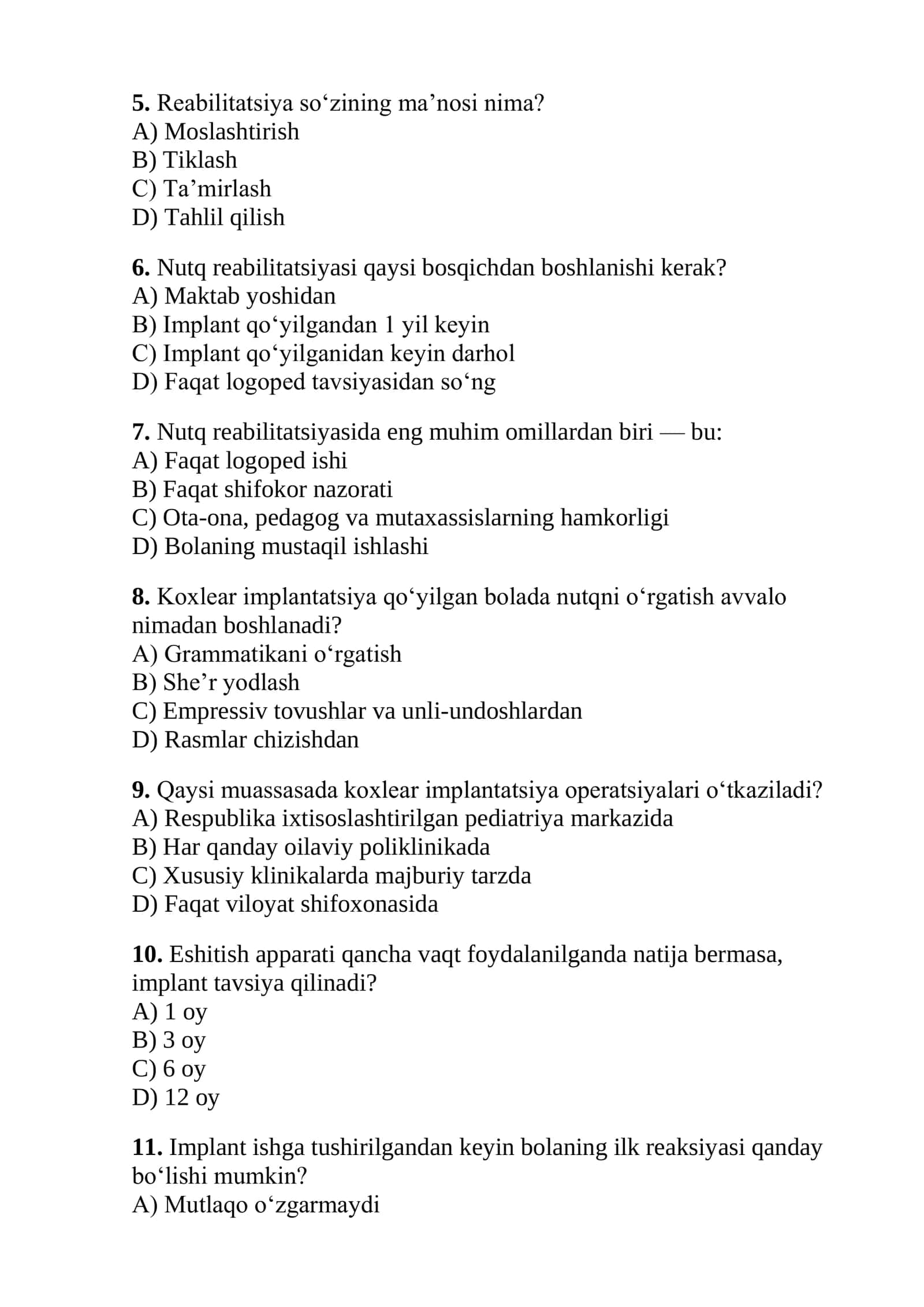Koxlear implantli bolalar reabilitatsiyasi – 20 ta test 2